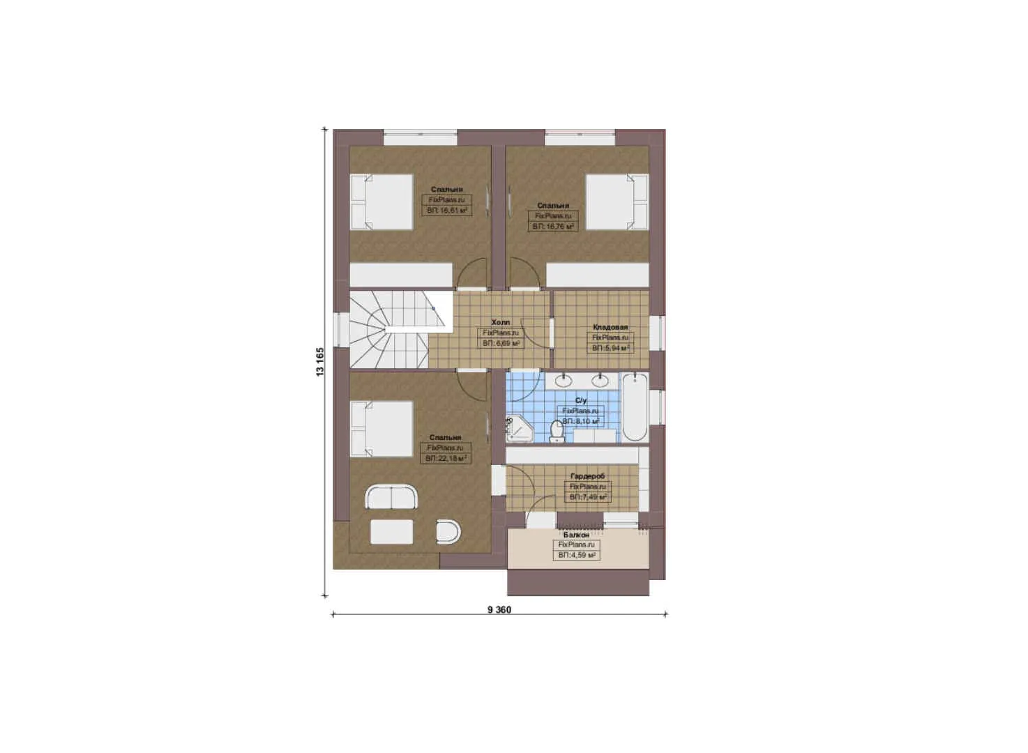 F-18386 - Планы двухэтажного дома 15 на 15, площадью 260 м² с балконом и 4 спальнями