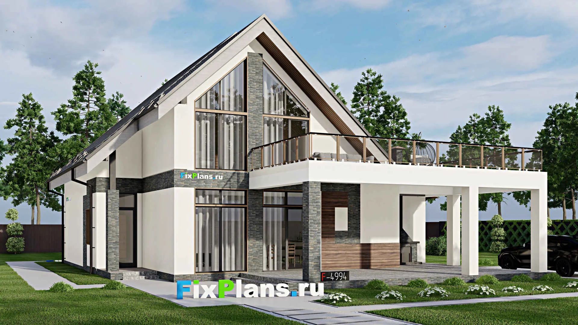 F-4994 - Проект дома с мансардой 15 на 15, площадью 350 м² с террасой, балконом и 4 спальнями