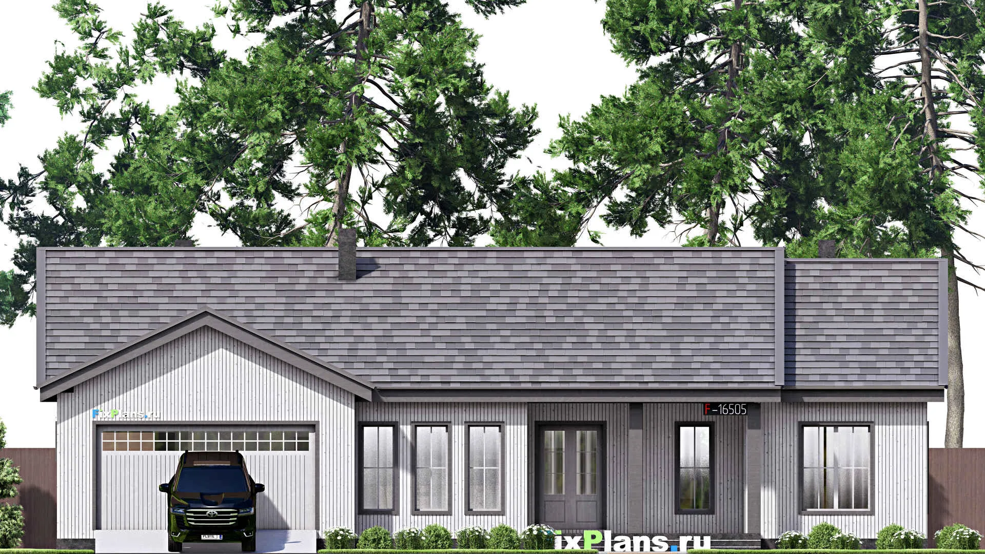 F-16505 - Проект одноэтажного дома 17 на 20, площадью 480 м² с террасой, гаражом на 2 машины и 3 спальнями