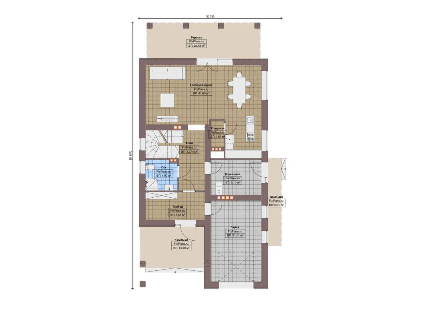F-14309 - Планы дома с мансардой 11 на 19, площадью 280 м² с террасой, балконом, гаражом на 1 машину и 4 спальнями