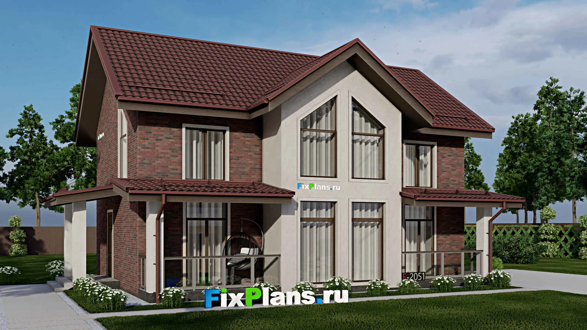 F-2051 - Проект дома с мансардой 10 на 13, площадью 170 м² с террасой и 4 спальнями