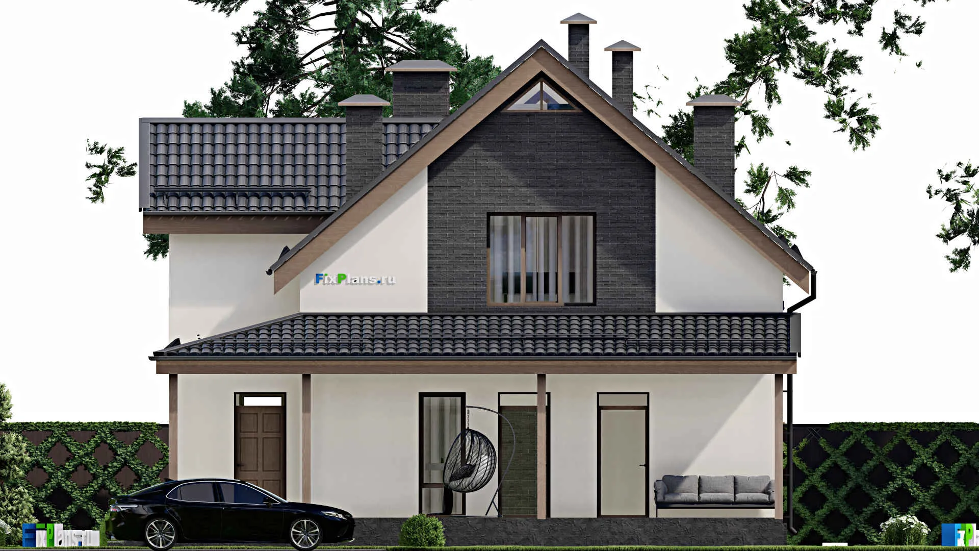 F-5786 - Проект дома с мансардой 12 на 12, площадью 210 м² с террасой и 3 спальнями