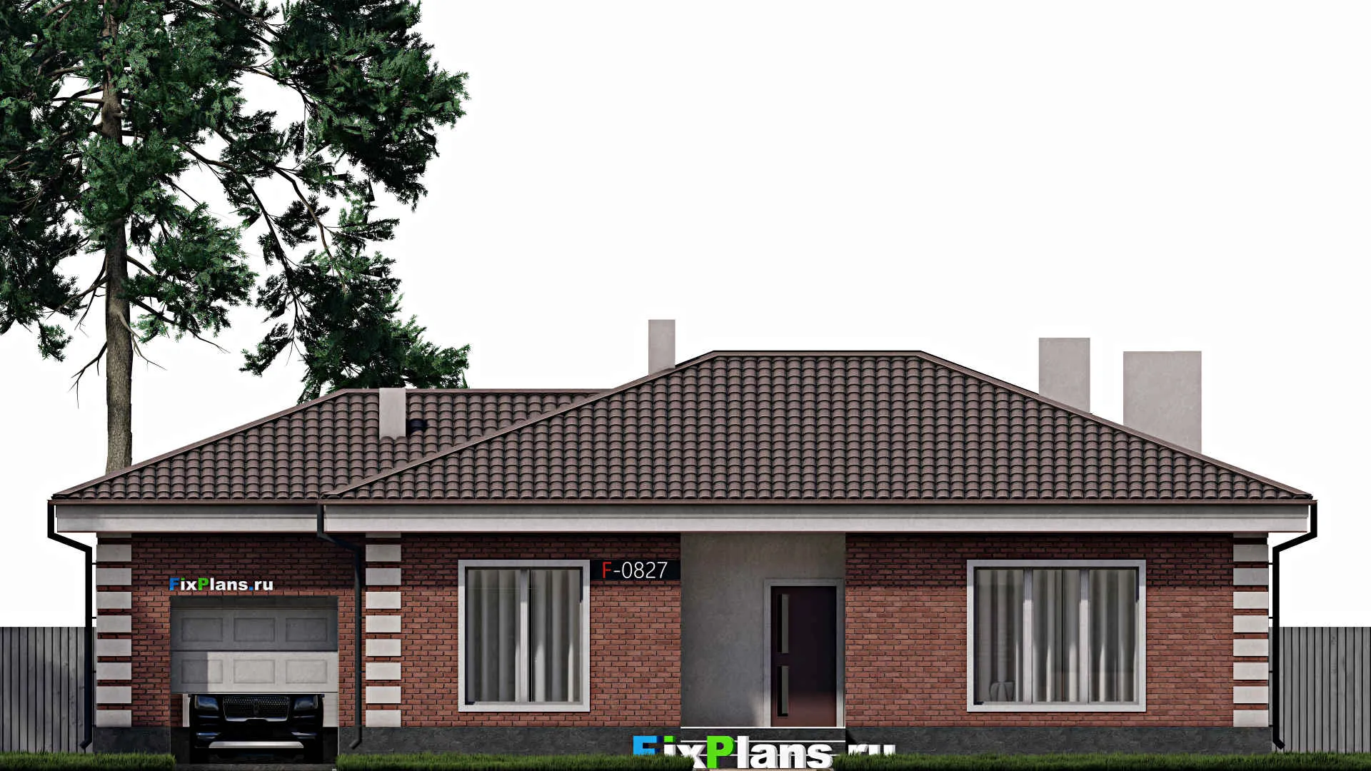 F-0827 - Проект одноэтажного дома 11 на 18, площадью 150 м² с террасой, гаражом на 1 машину и 3 спальнями