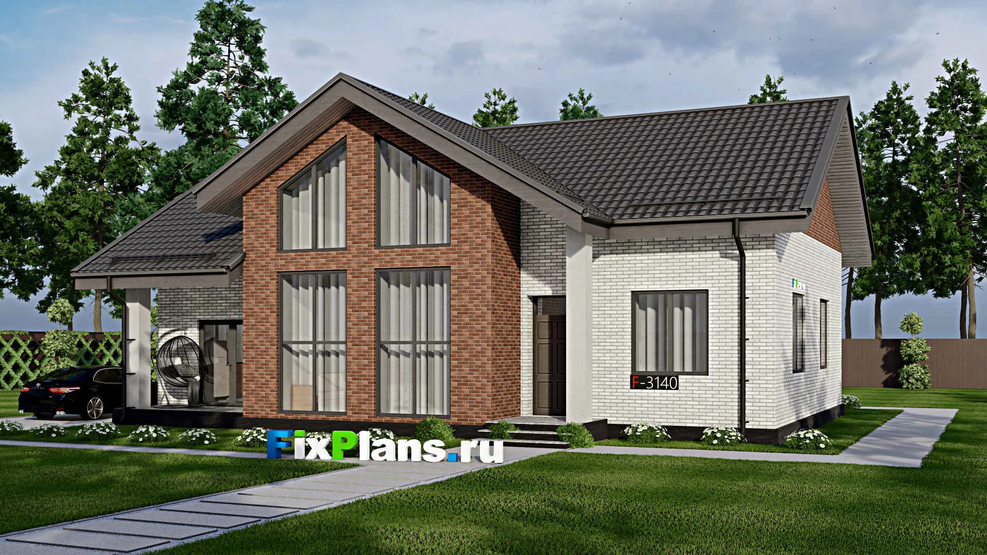 F-3140 - Проект одноэтажного дома 11 на 16, площадью 130 м² с террасой и 3 спальнями