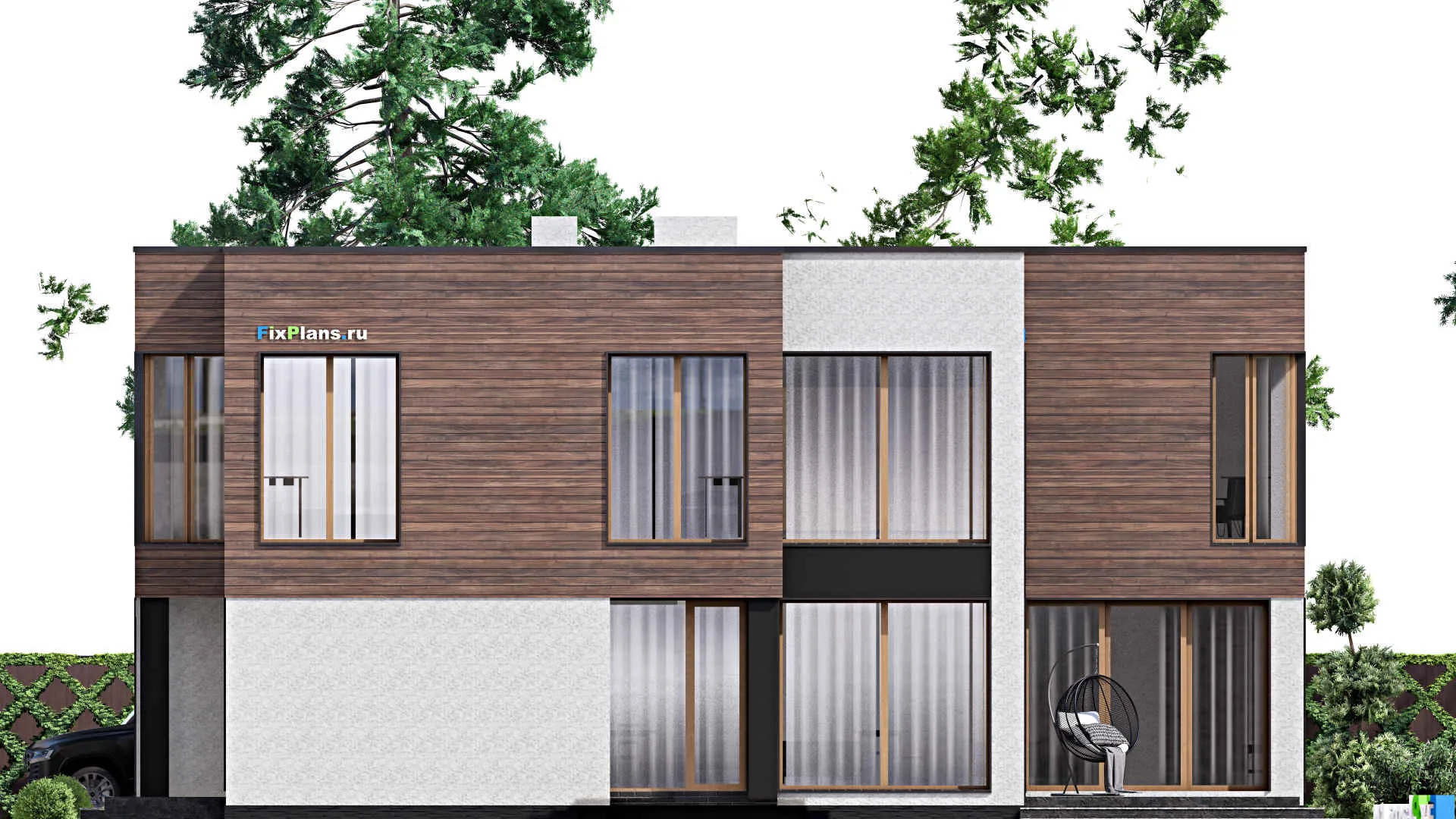 F-16019 - Проект двухэтажного дома 17 на 24, площадью 330 м² с террасой, гаражом на 2 машины и 4 спальнями