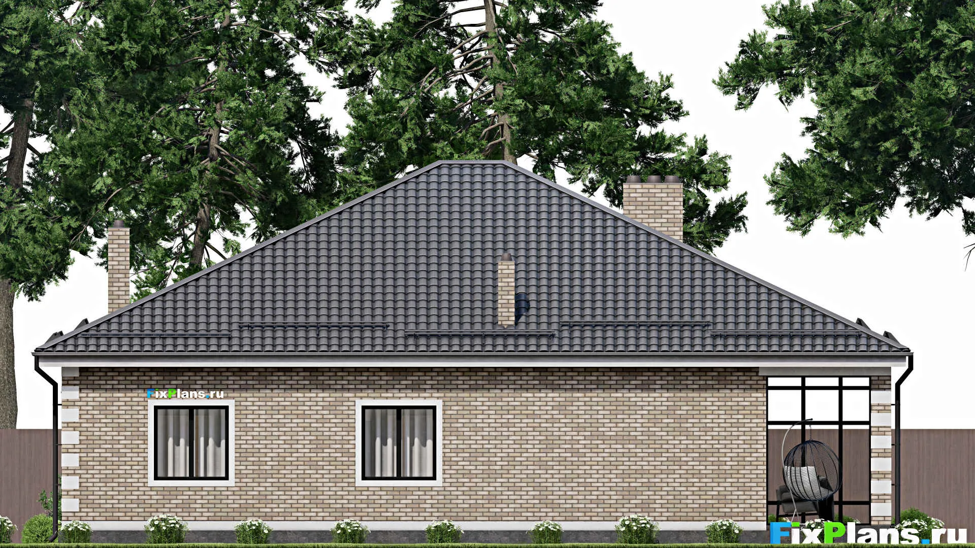 F-2420 - Проект одноэтажного дома 15 на 16, площадью 220 м² с террасой и 3 спальнями