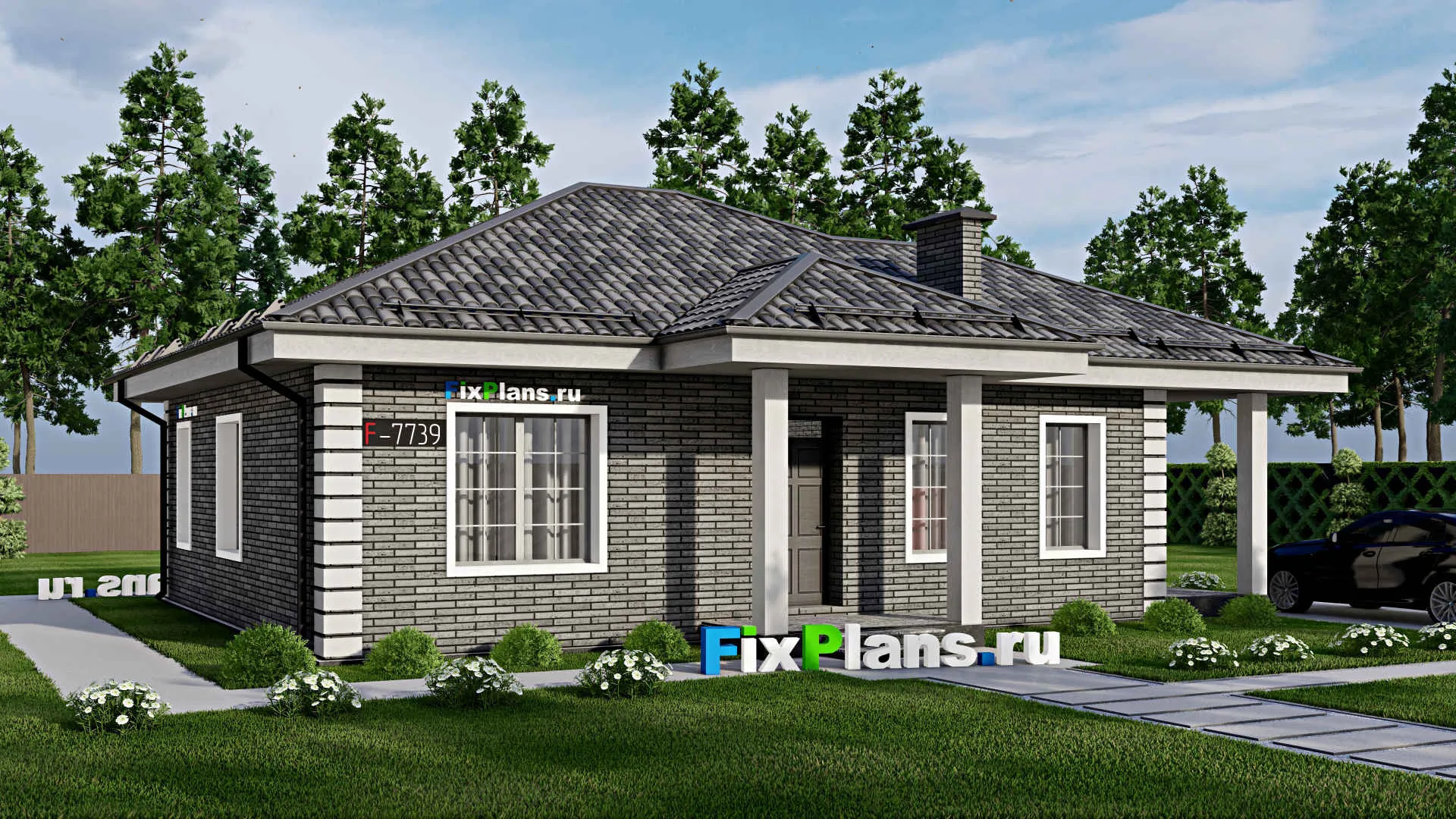 F-7739 - Проект одноэтажного дома 11 на 12, площадью 120 м² с террасой и 3 спальнями