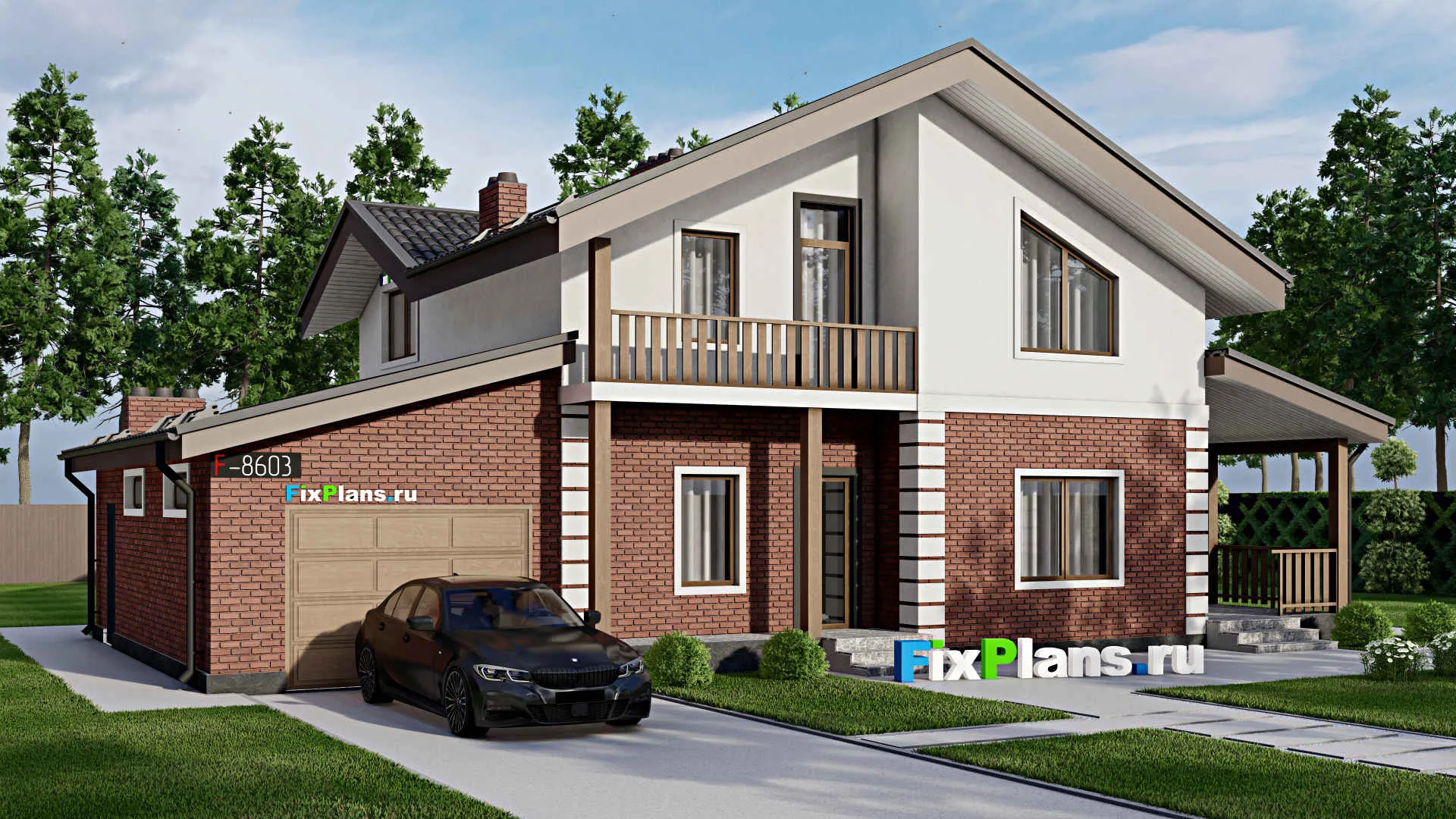 F-8603 - Проект дома с мансардой 10 на 17, площадью 200 м² с террасой, балконом, гаражом на 1 машину, вторым светом и 4 спальнями