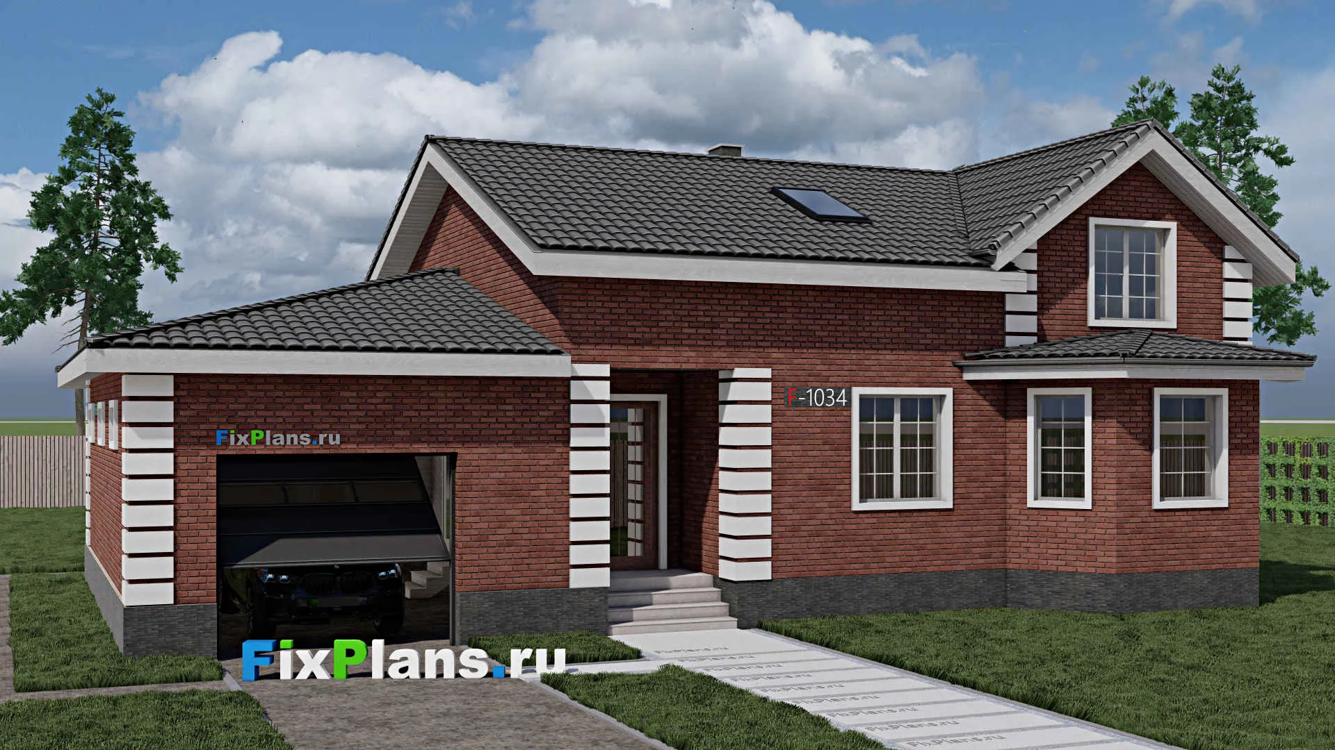 F-1034 - Проект дома с мансардой 12 на 17, площадью 240 м² с террасой, гаражом на 2 машины и 3 спальнями