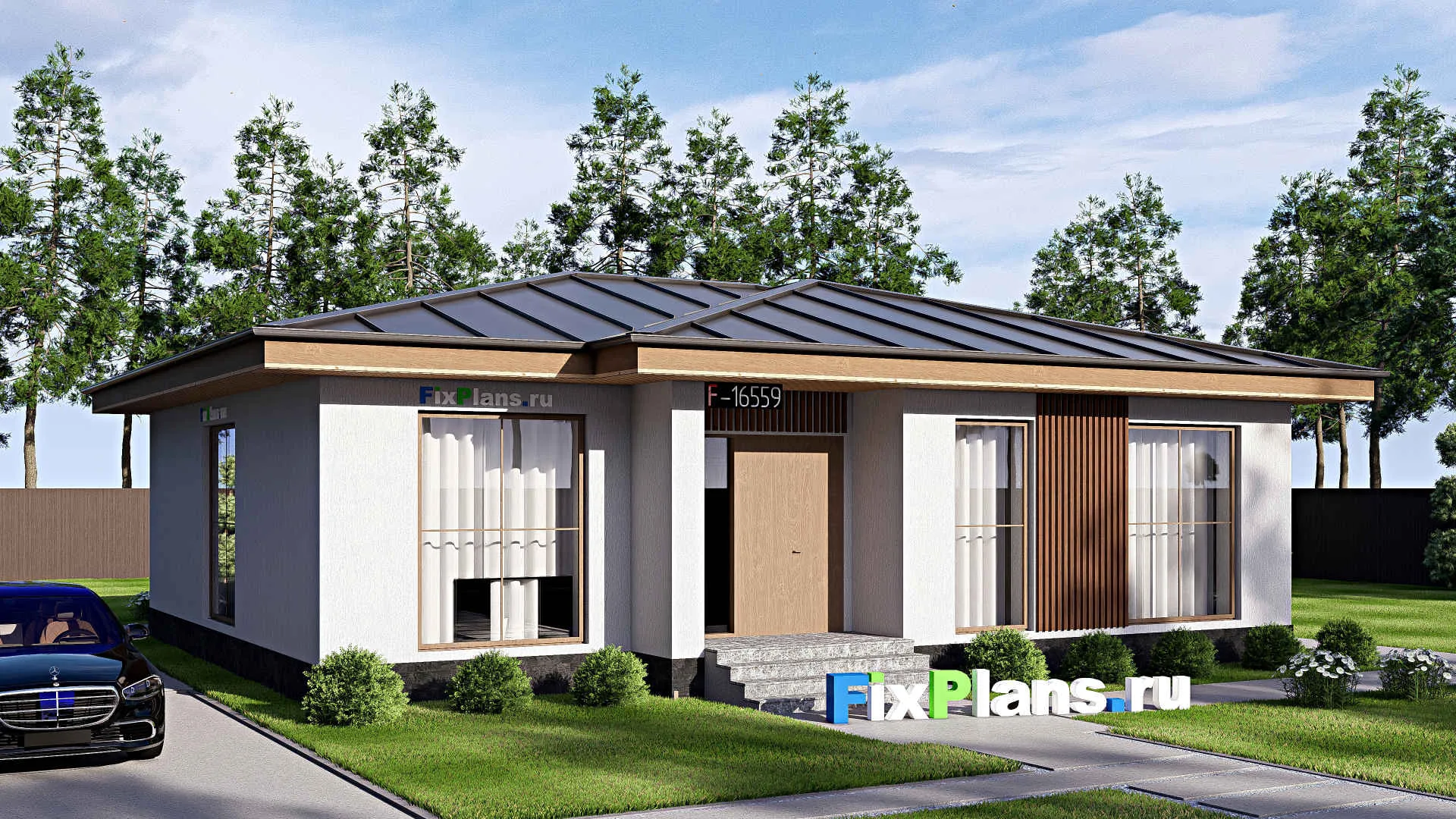 F-16559 - Проект одноэтажного дома 11 на 13, площадью 120 м² с террасой и 3 спальнями