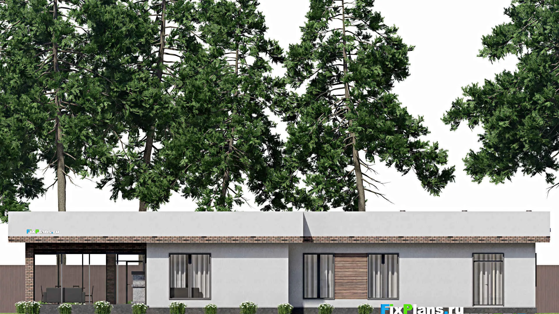 F-8333 - Проект одноэтажного дома 22 на 25, площадью 300 м² с террасой, баней, гаражом на 2 машины и 2 спальнями