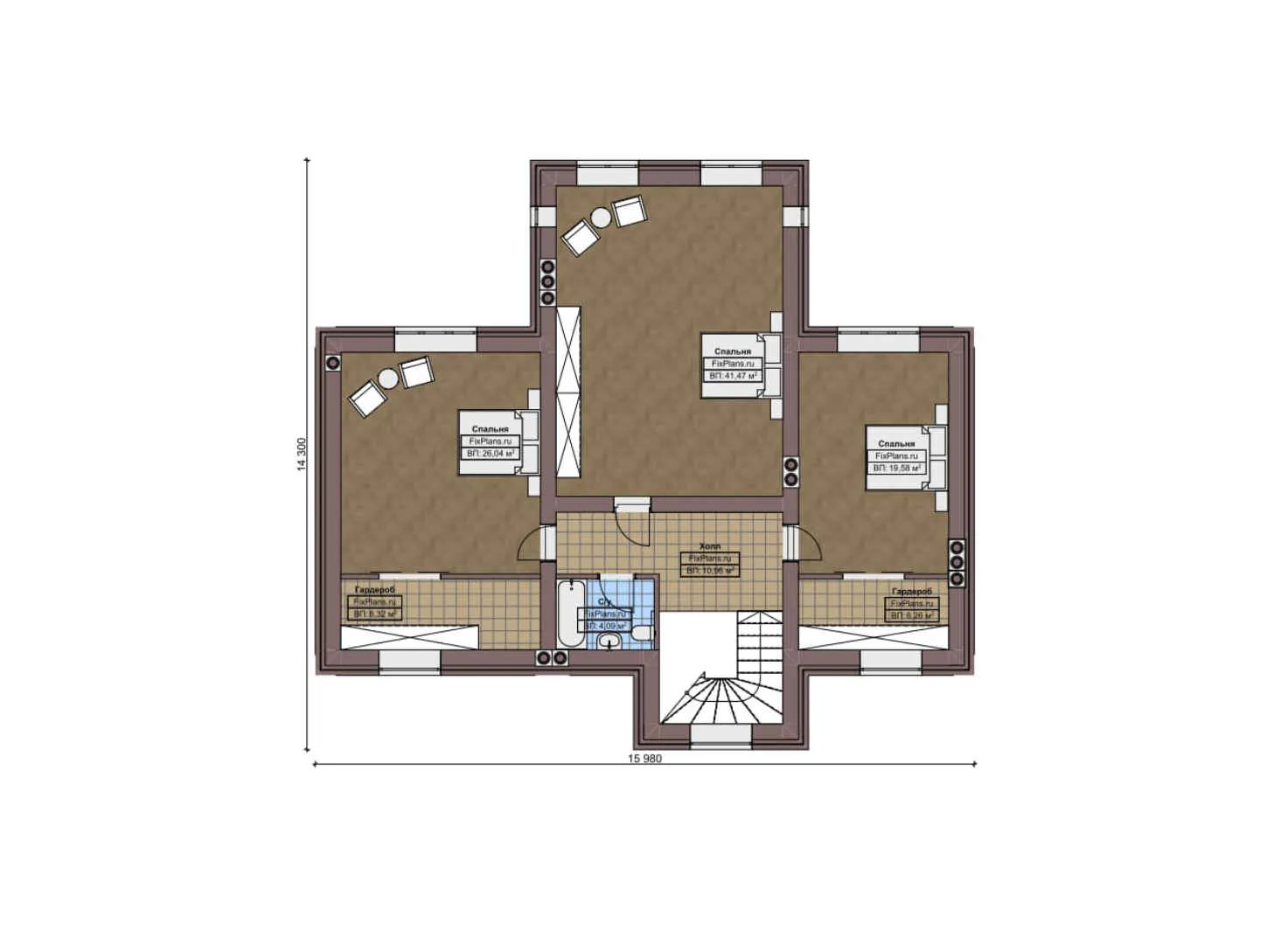 F-3932 - Планы дома с мансардой 20 на 20, площадью 390 м² с террасой, гаражом на 2 машины и 3 спальнями