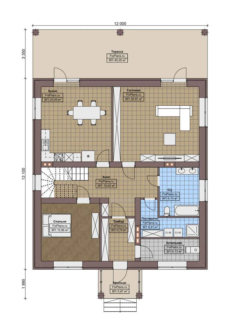 F-6155 - Планы двухэтажного дома 12 на 14, площадью 290 м² с террасой, балконом и 4 спальнями