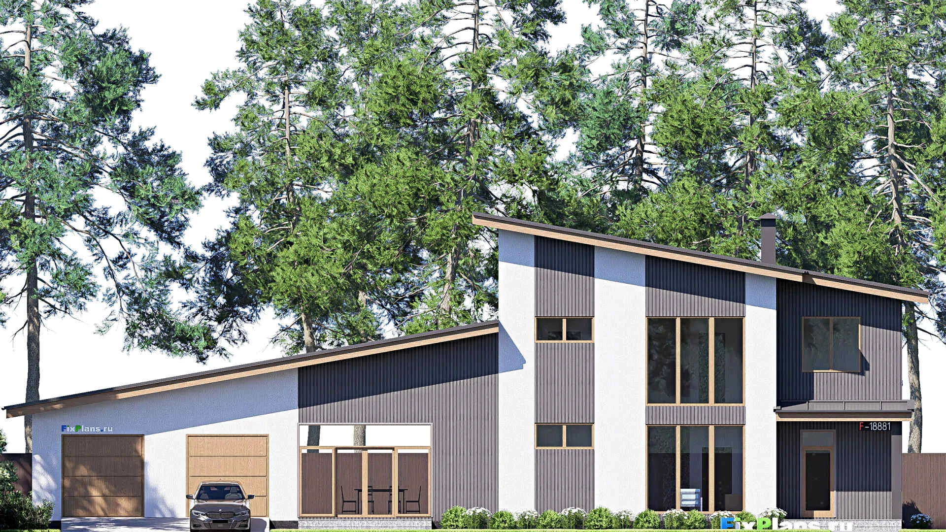 F-18881 - Проект двухэтажного дома 10 на 27, площадью 280 м² с террасой, гаражом на 2 машины и 4 спальнями
