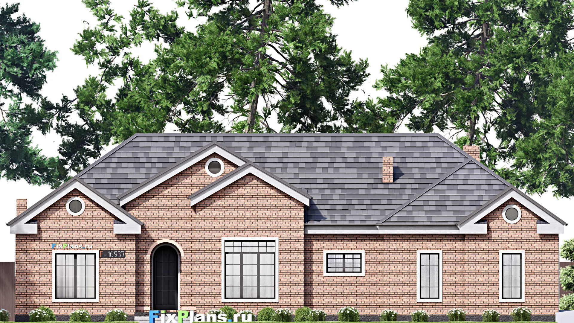 F-16937 - План одноэтажного дома 19 на 21, площадью 260 м² с террасой, гаражом на 2 машины и 3 спальнями