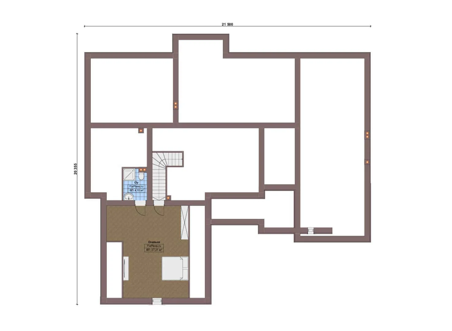 F-17135 - Планы дома с мансардой 22 на 22, площадью 340 м² с террасой, гаражом на 2 машины и 4 спальнями