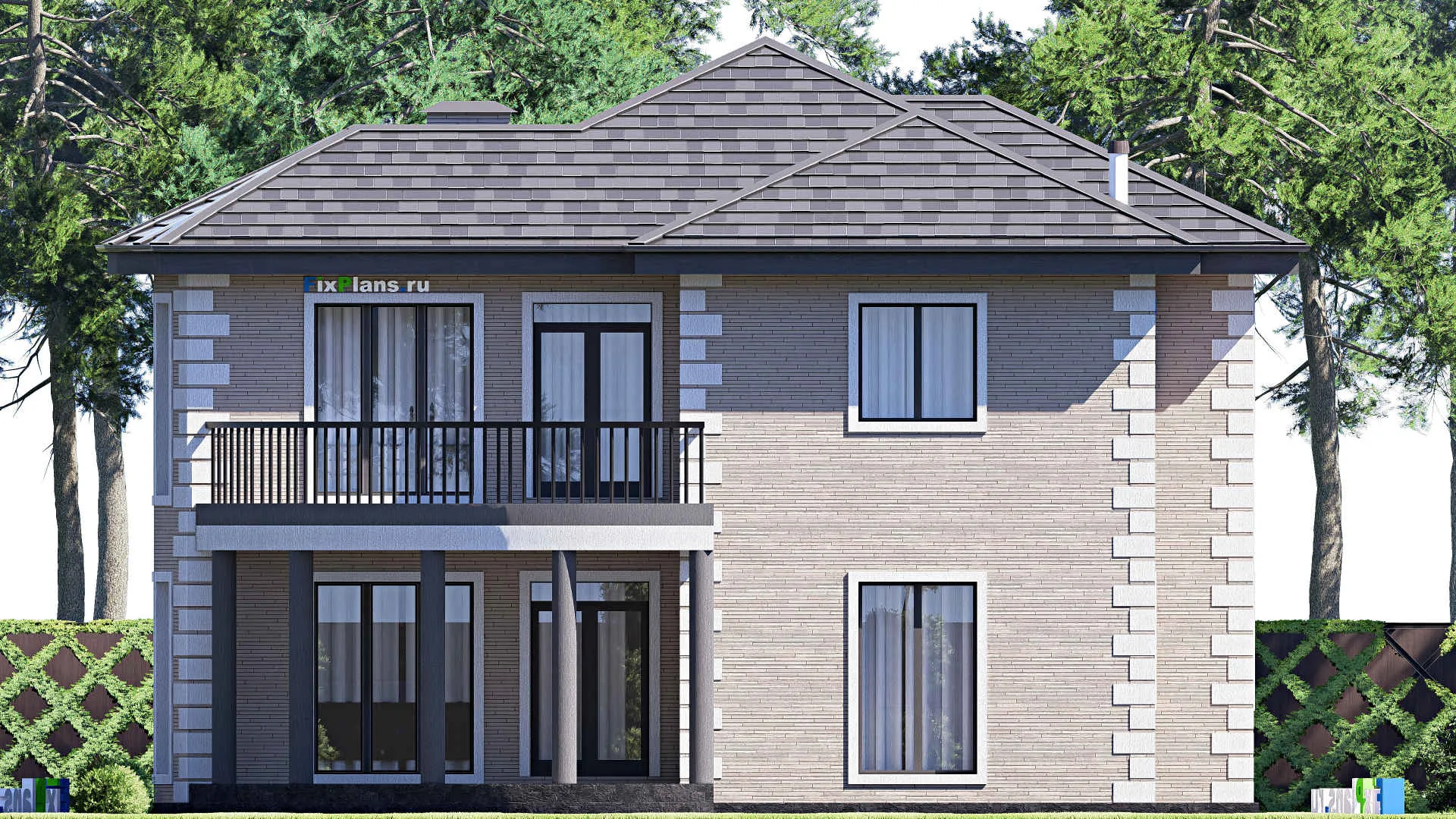 F-20519 - Проект двухэтажного дома 14 на 18, площадью 250 м² с террасой, балконом и 5 спальнями