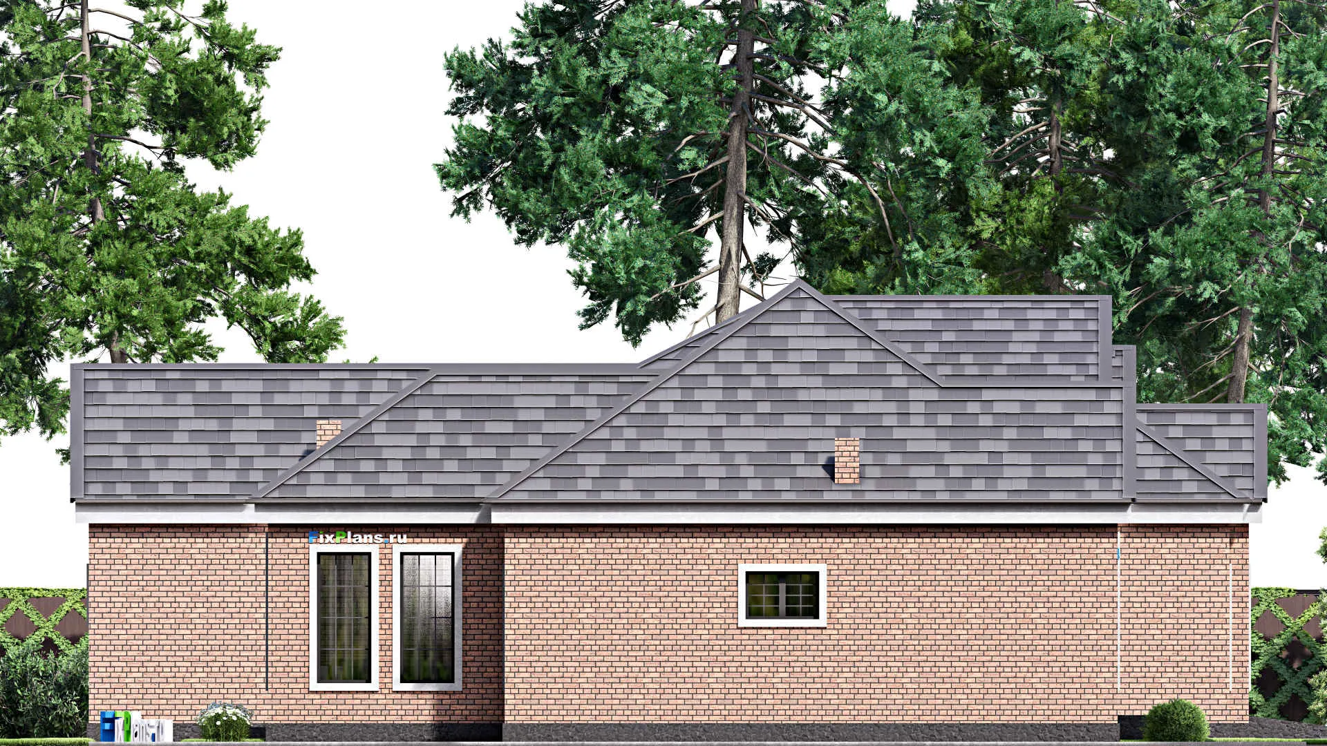 F-16937 - План одноэтажного дома 19 на 21, площадью 260 м² с террасой, гаражом на 2 машины и 3 спальнями