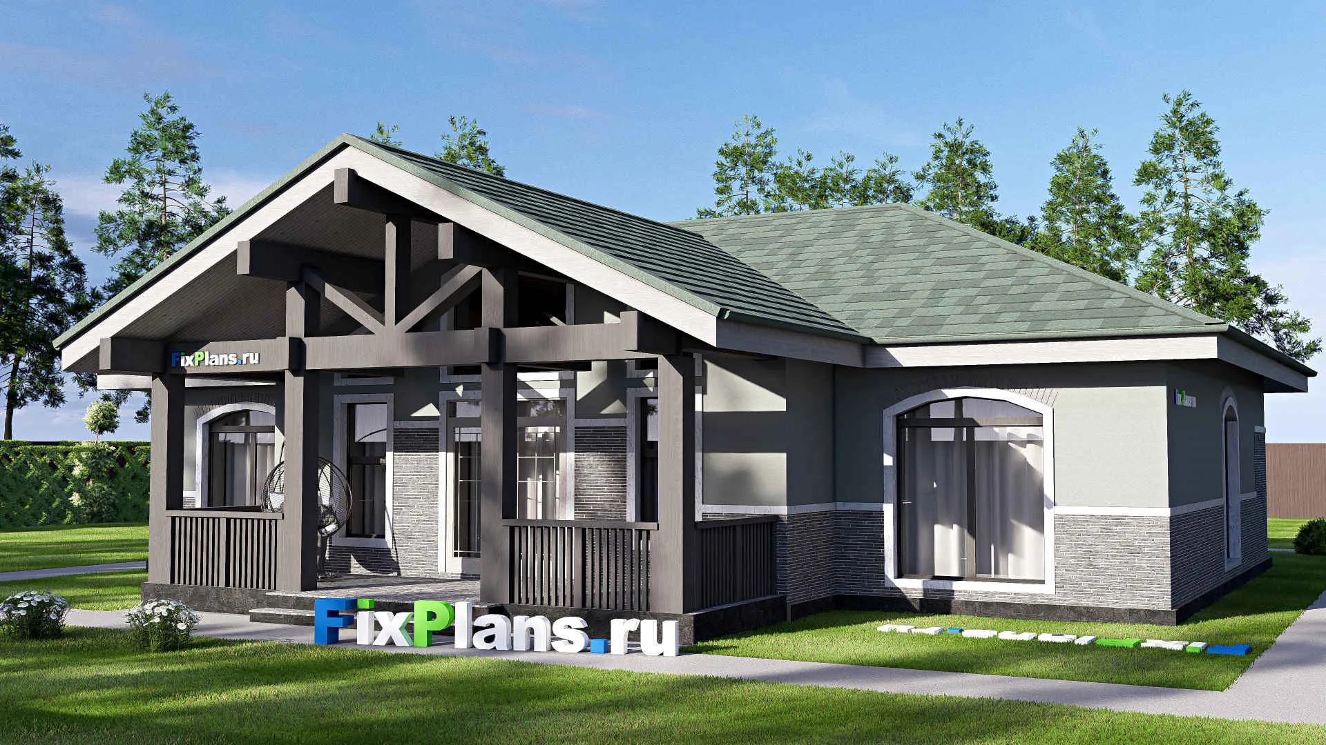 F-20888 - Проект одноэтажного дома 17 на 19, площадью 180 м² с террасой, баней и 3 спальнями