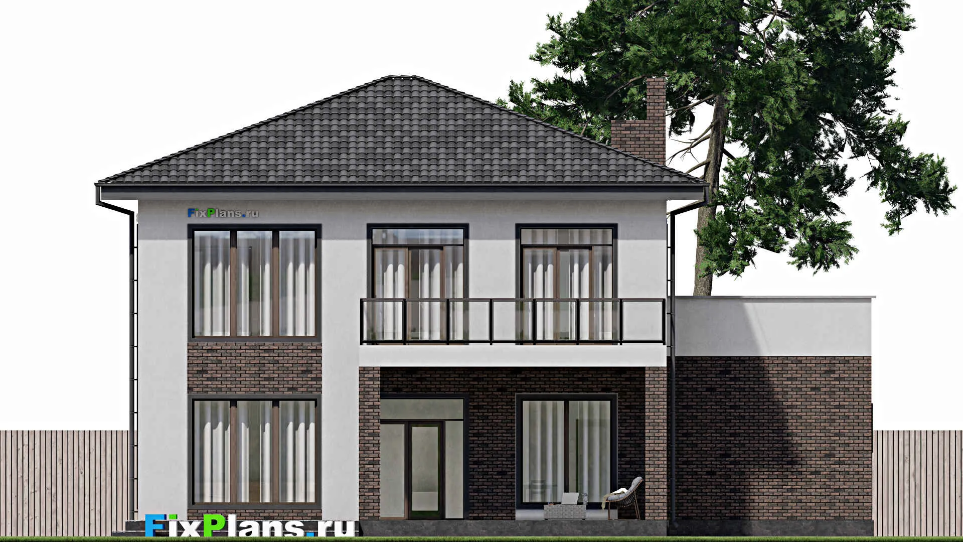 F-1835 - Проект двухэтажного дома 12 на 16, площадью 270 м² с террасой, балконом, гаражом на 1 машину и 4 спальнями