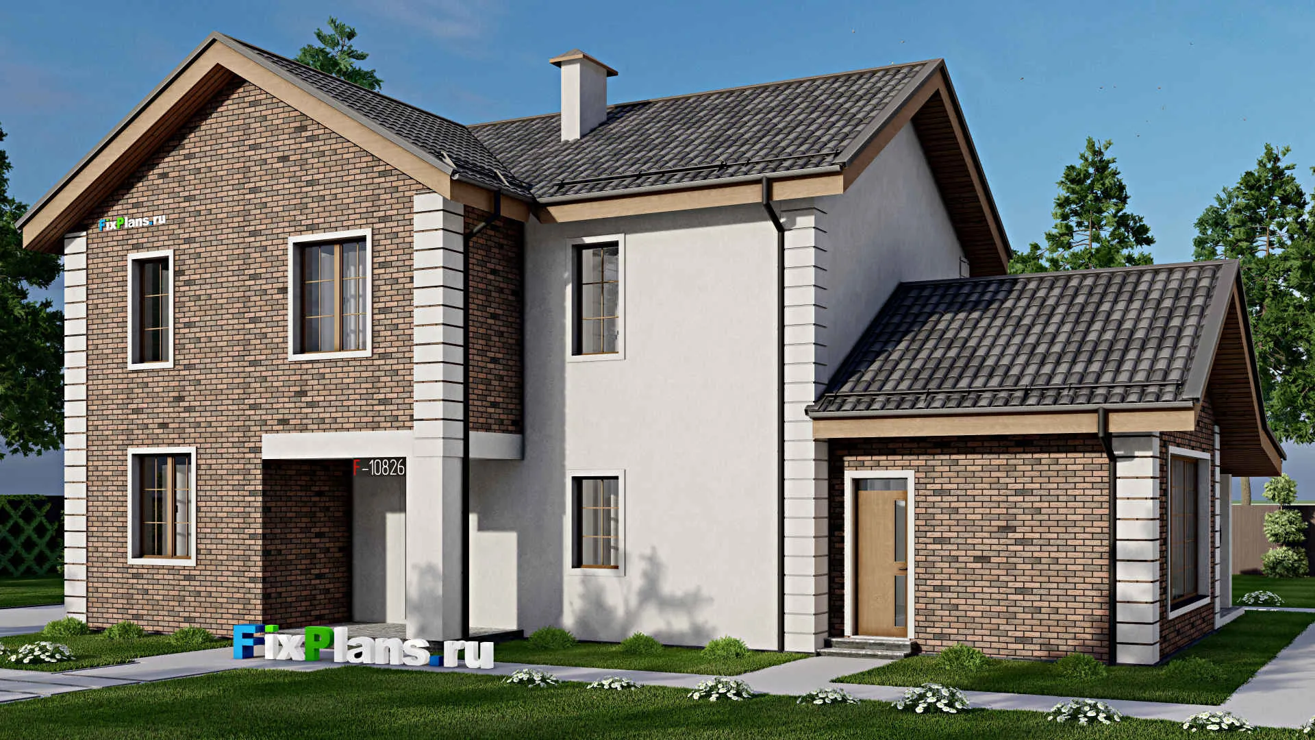 F-10826 - Проект двухэтажного дома 15 на 24, площадью 300 м² с террасой, баней и 3 спальнями