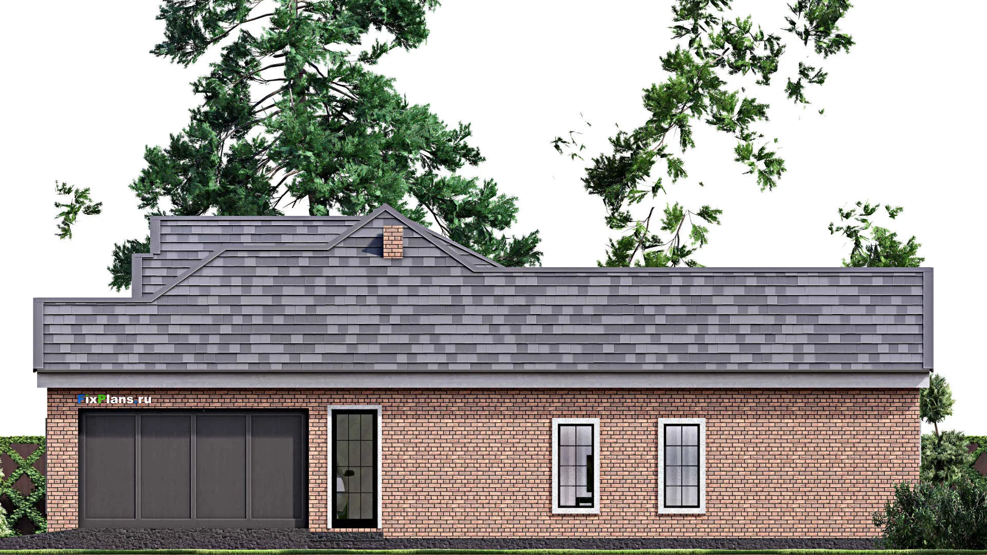 F-16937 - План одноэтажного дома 19 на 21, площадью 260 м² с террасой, гаражом на 2 машины и 3 спальнями