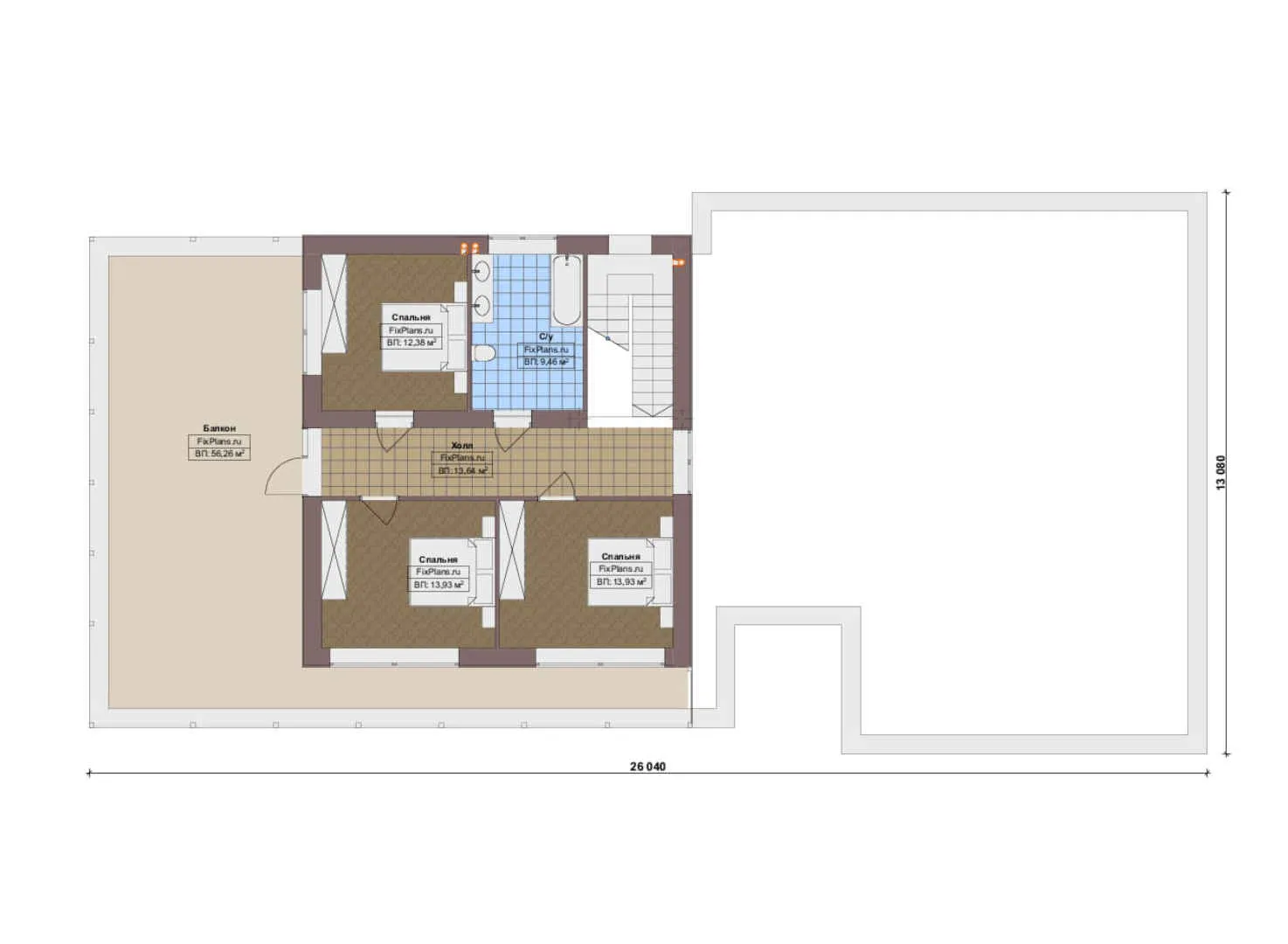 F-16838 - План одноэтажного дома 14 на 25, площадью 380 м² с террасой, балконом и 4 спальнями