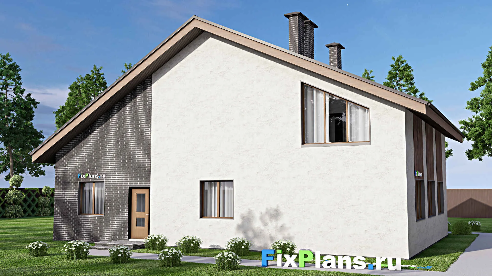 F-13040 - Проект дома с мансардой 14 на 16, площадью 220 м² с гаражом на 1 машину и 4 спальнями