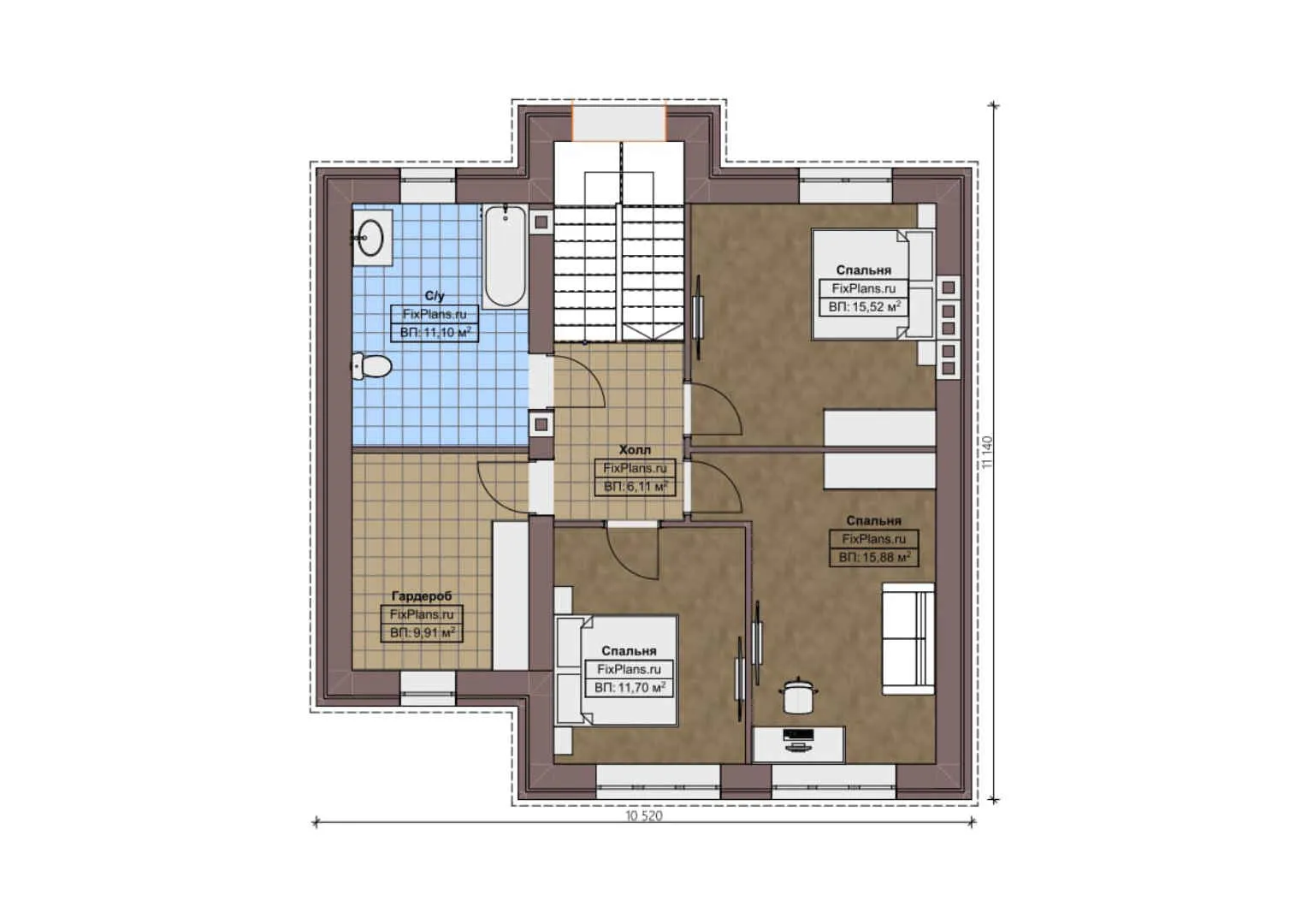F-1637 - Планы двухэтажного дома 11 на 15, площадью 160 м² с террасой и 4 спальнями