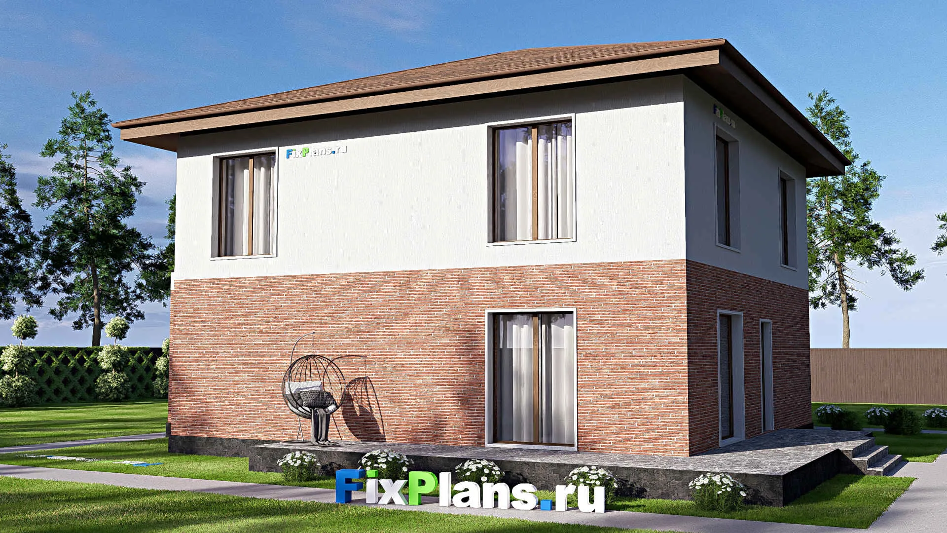 F-18827 - Проект двухэтажного дома 16 на 17, площадью 310 м² с террасой, баней, гаражом на 2 машины и 3 спальнями