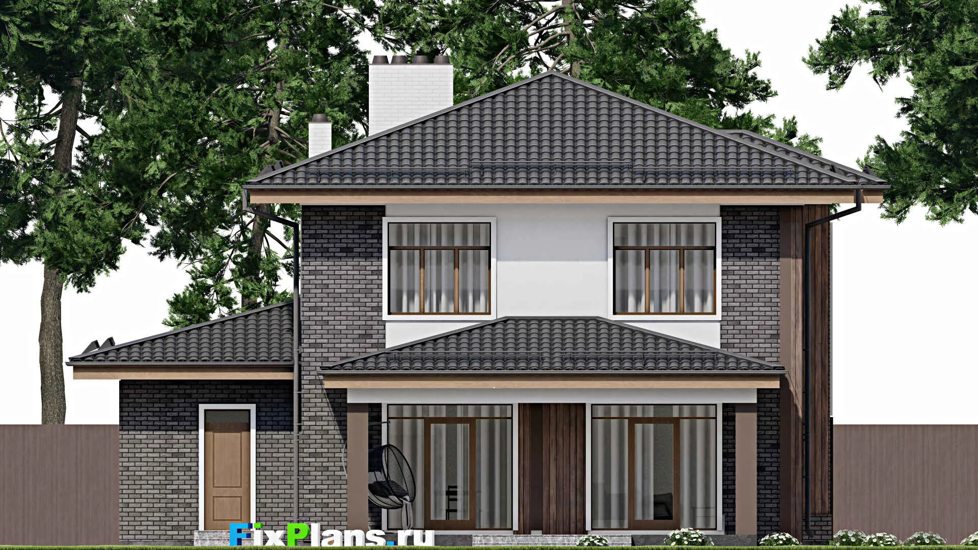 F-9386 - Проект двухэтажного дома 13 на 19, площадью 240 м² с террасой, гаражом на 1 машину и 4 спальнями