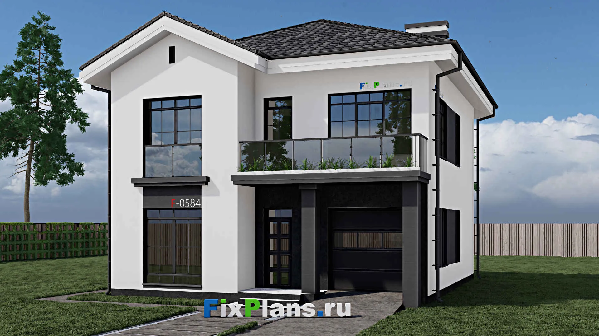 F-0782 - Проект двухэтажного дома 10 на 11, площадью 170 м² с террасой, балконом, гаражом на 1 машину и 4 спальнями