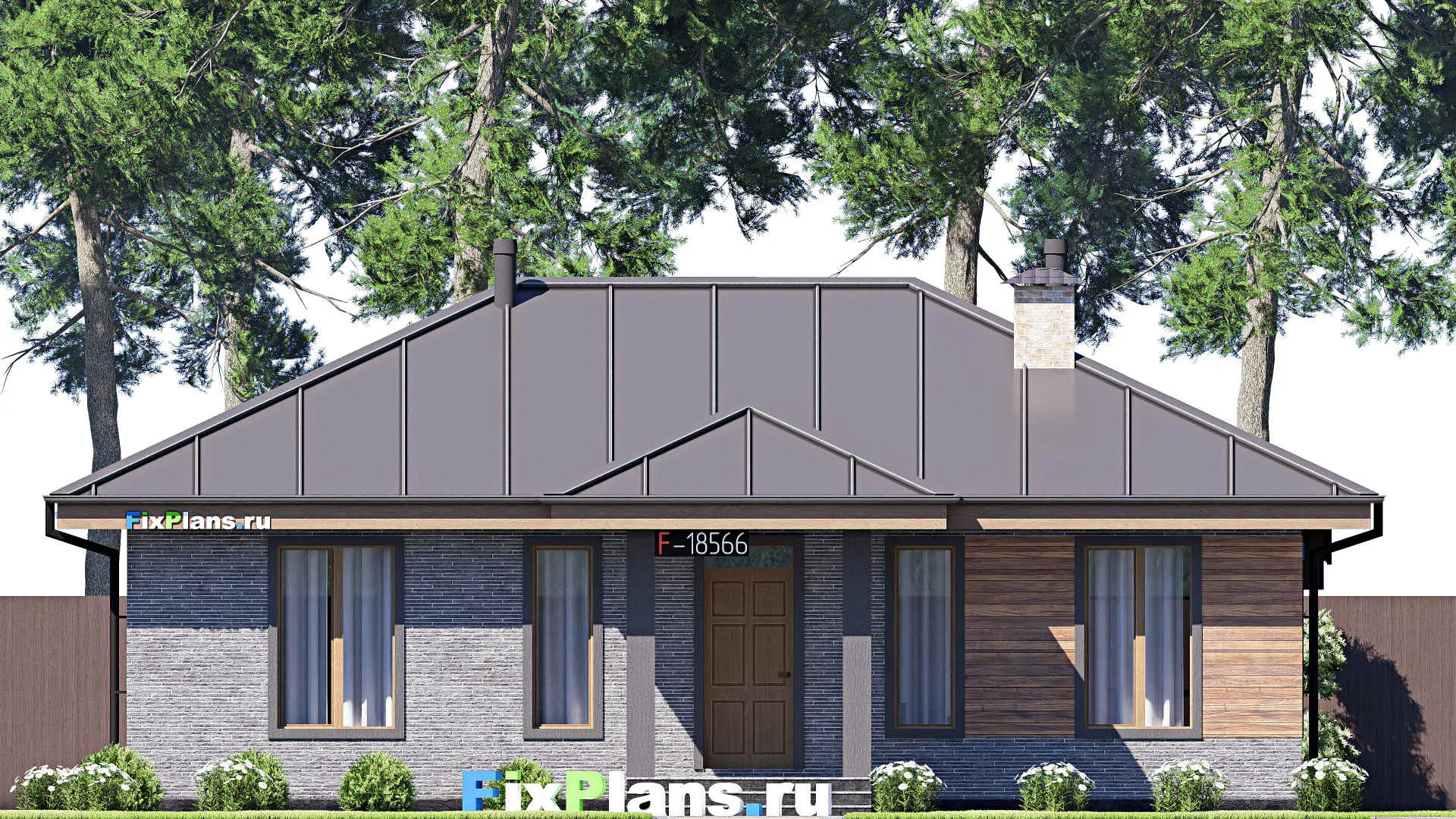 F-18566 - Проект одноэтажного дома 13 на 13, площадью 100 м² с террасой и 3 спальнями