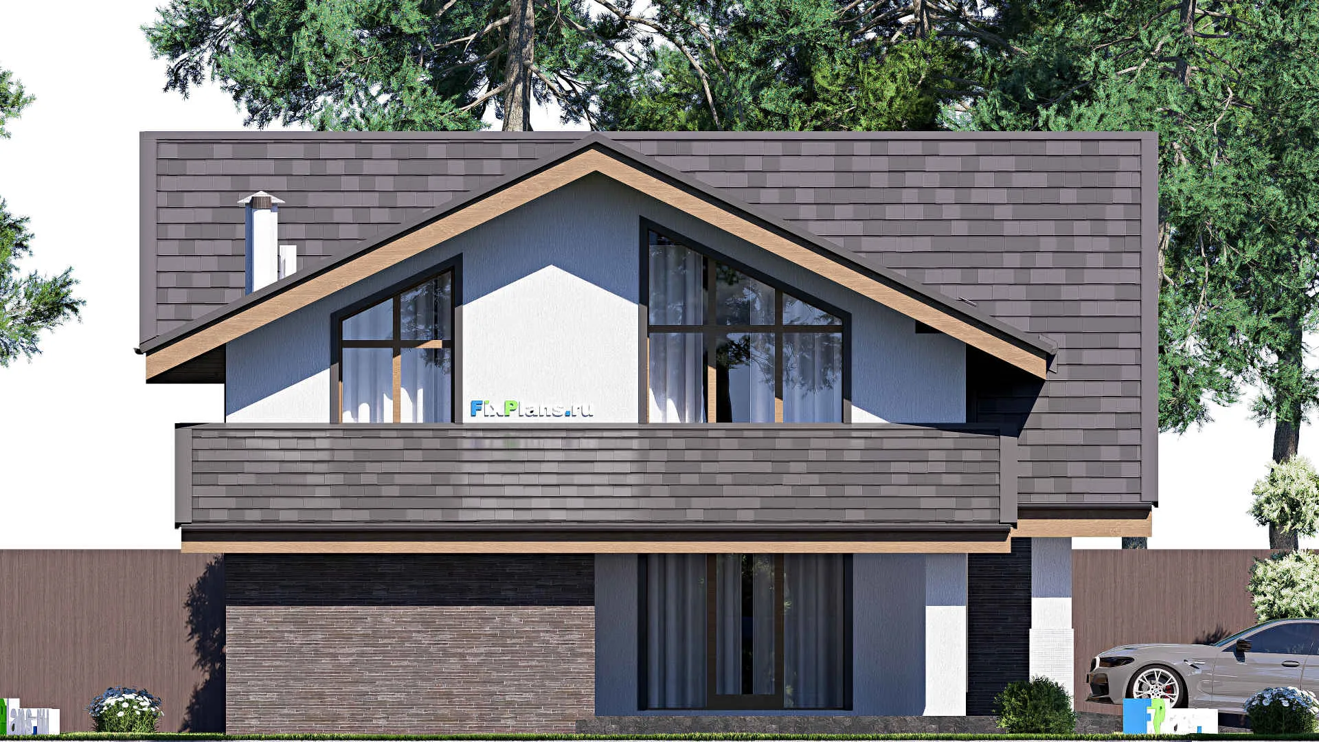 F-19664 - Проект дома с мансардой 11 на 18, площадью 250 м² с террасой, гаражом на 1 машину и 5 спальнями