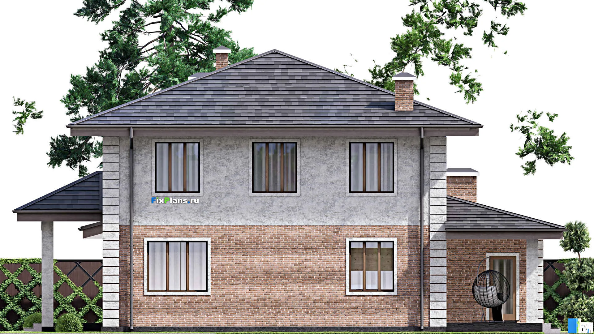 F-14543 - Проект двухэтажного дома 17 на 18, площадью 310 м² с террасой, баней, спортзалом и 6 спальнями