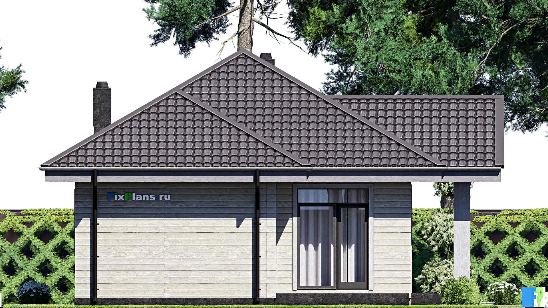 F-17513 - Проект одноэтажного дома 10 на 13, площадью 90 м² с террасой и 1 спальнями