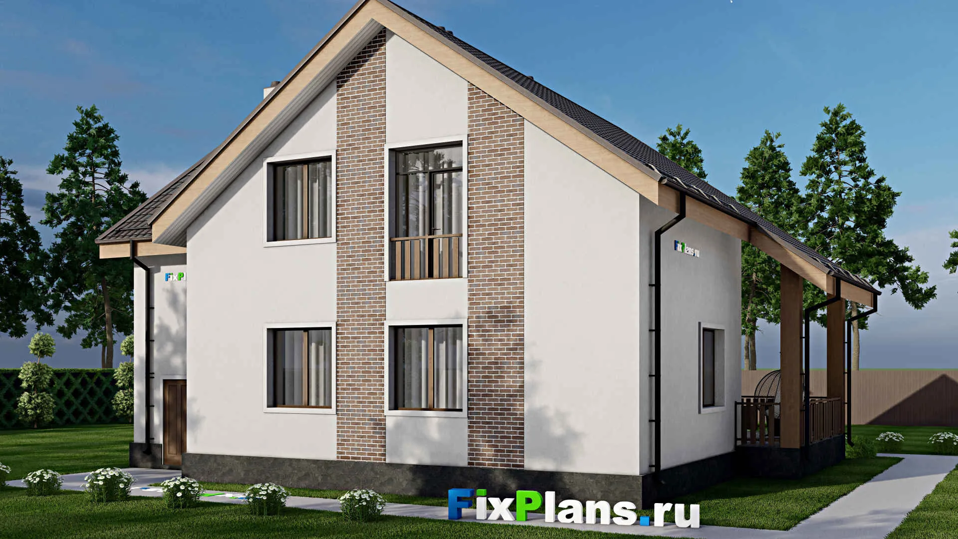 F-8513 - Проект дома с мансардой 13 на 16, площадью 250 м² с террасой, балконом, гаражом на 1 машину и 6 спальнями