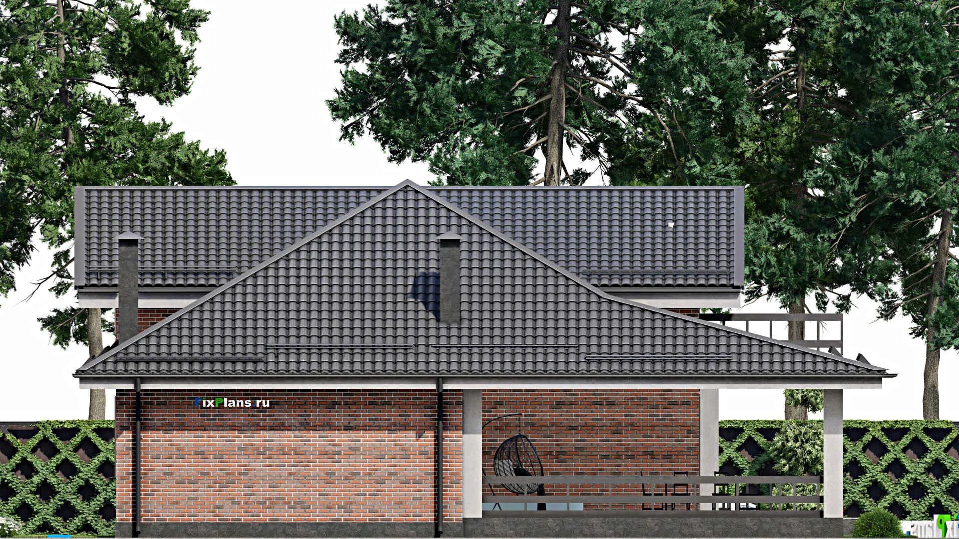 F-3779 - Проект дома с мансардой 15 на 26, площадью 400 м² с террасой, балконом, баней, гаражом на 1 машину и 3 спальнями