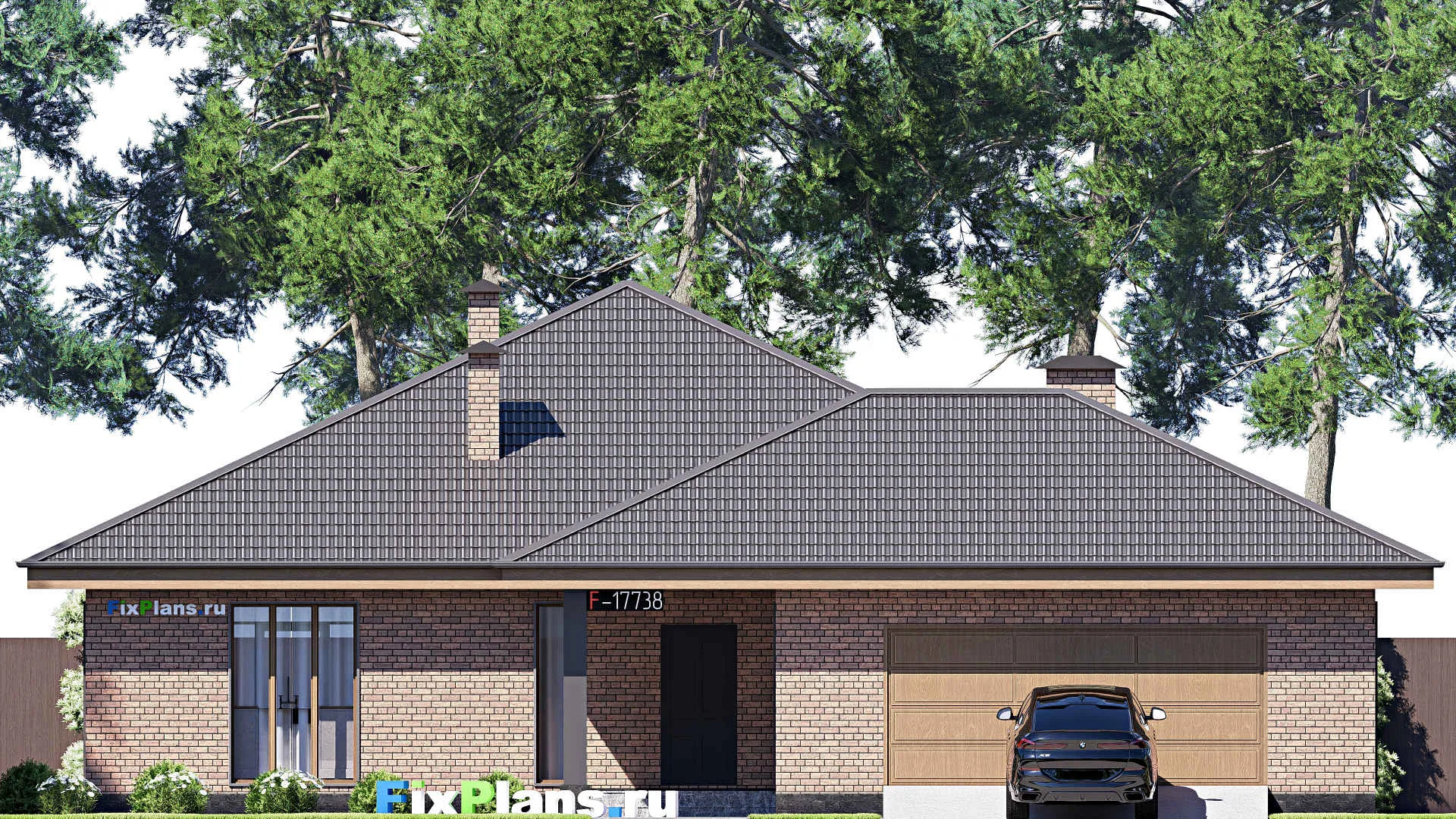 F-17738 - Проект одноэтажного дома 17 на 20, площадью 210 м² с террасой, гаражом на 2 машины и 3 спальнями