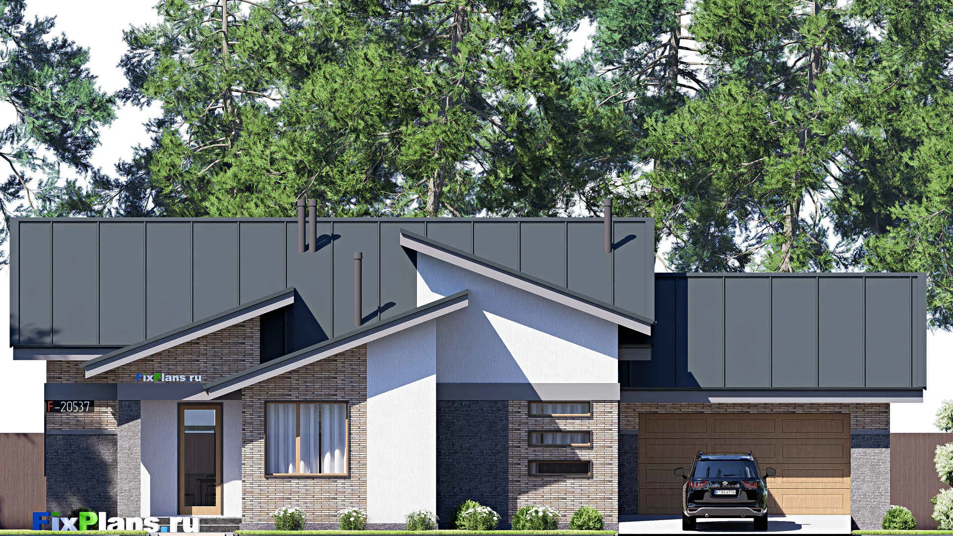 F-20537 - Проект одноэтажного дома 17 на 20, площадью 180 м² с террасой, гаражом на 2 машины и 2 спальнями