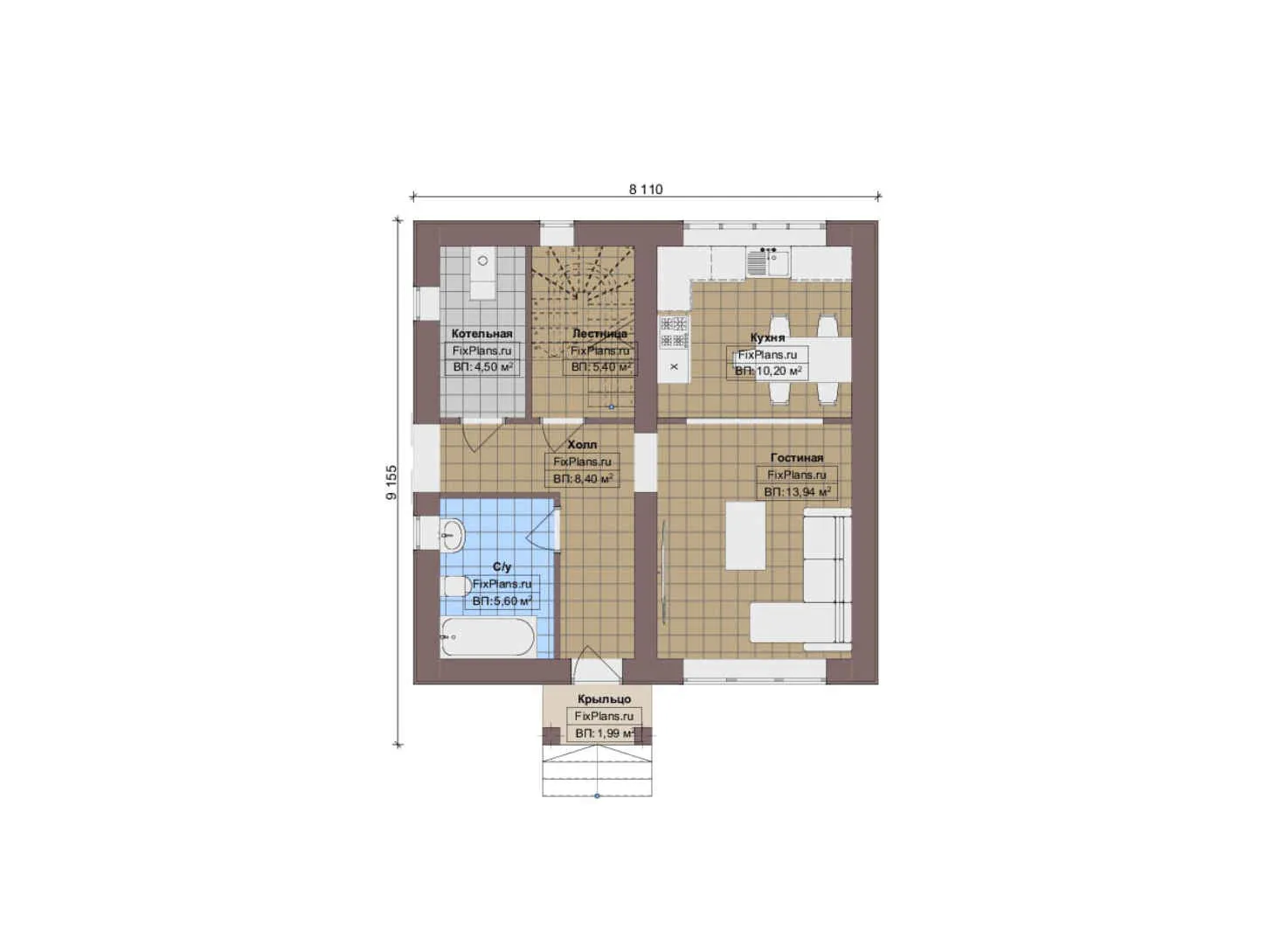 F-14183 - Планы дома с мансардой 9 на 10, площадью 100 м² с 3 спальнями