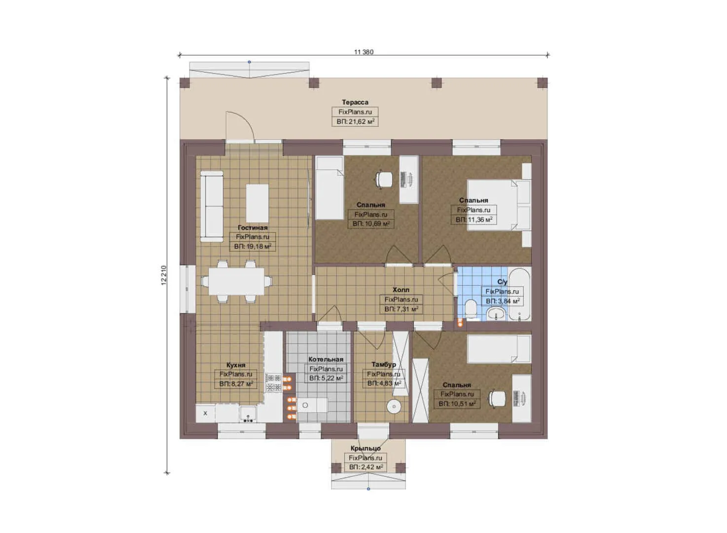 F-13886 - План одноэтажного дома 13 на 14, площадью 110 м² с террасой и 3 спальнями