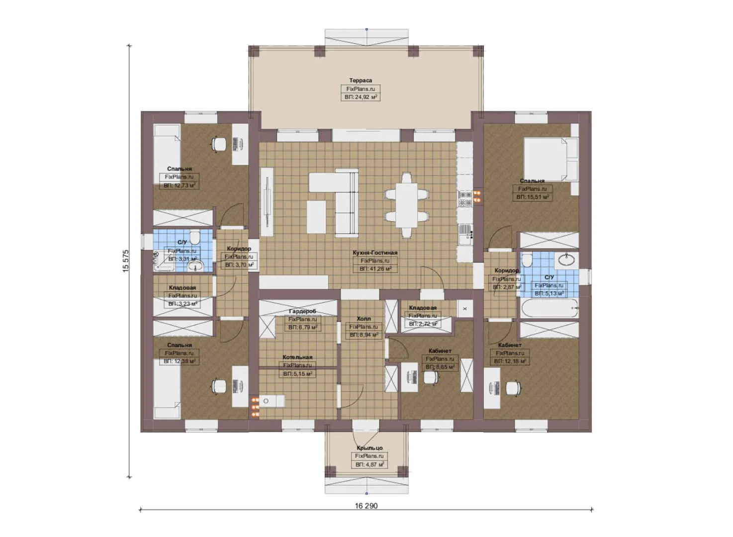 F-18719 - План одноэтажного дома 16 на 17, площадью 180 м² с террасой и 3 спальнями