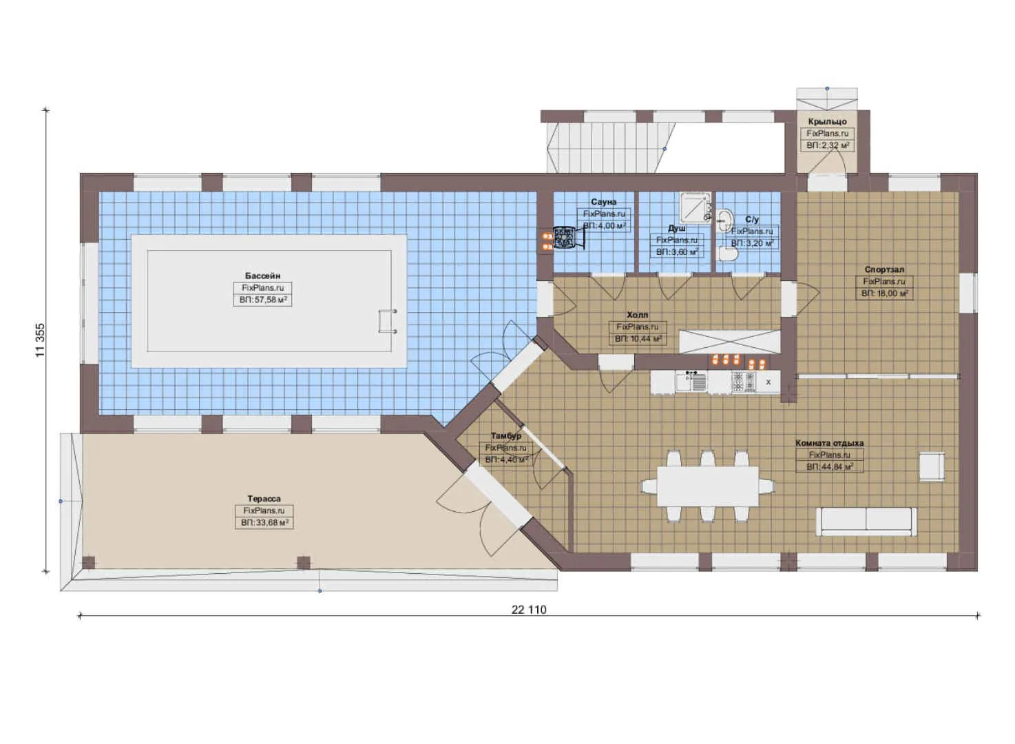 F-15587 - План одноэтажного дома 12 на 23, площадью 230 м² с цокольным этажом и 1 спальнями