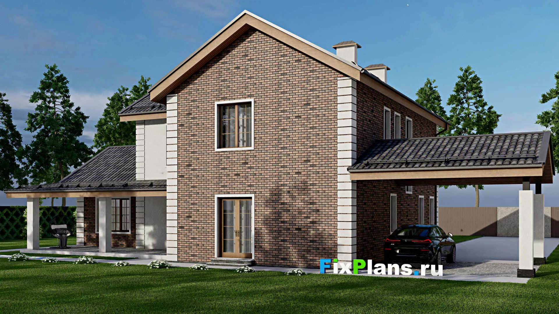 F-10826 - Проект двухэтажного дома 15 на 24, площадью 300 м² с террасой, баней и 3 спальнями