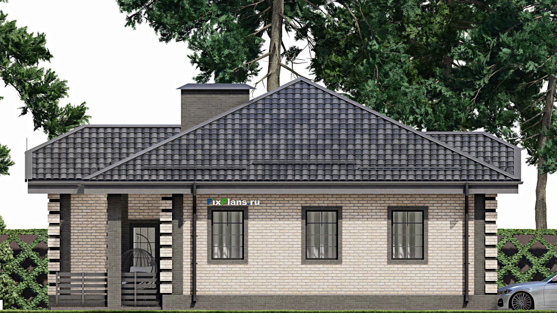 F-5561 - Проект одноэтажного дома 13 на 18, площадью 190 м² с террасой, гаражом на 1 машину и 3 спальнями