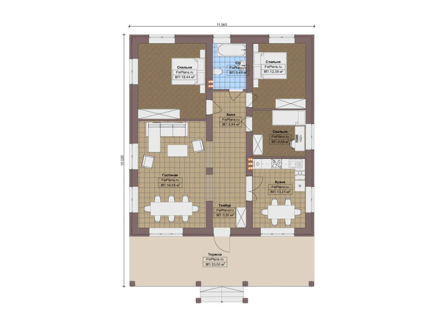 F-13841 - План одноэтажного дома 12 на 16, площадью 140 м² с террасой и 3 спальнями