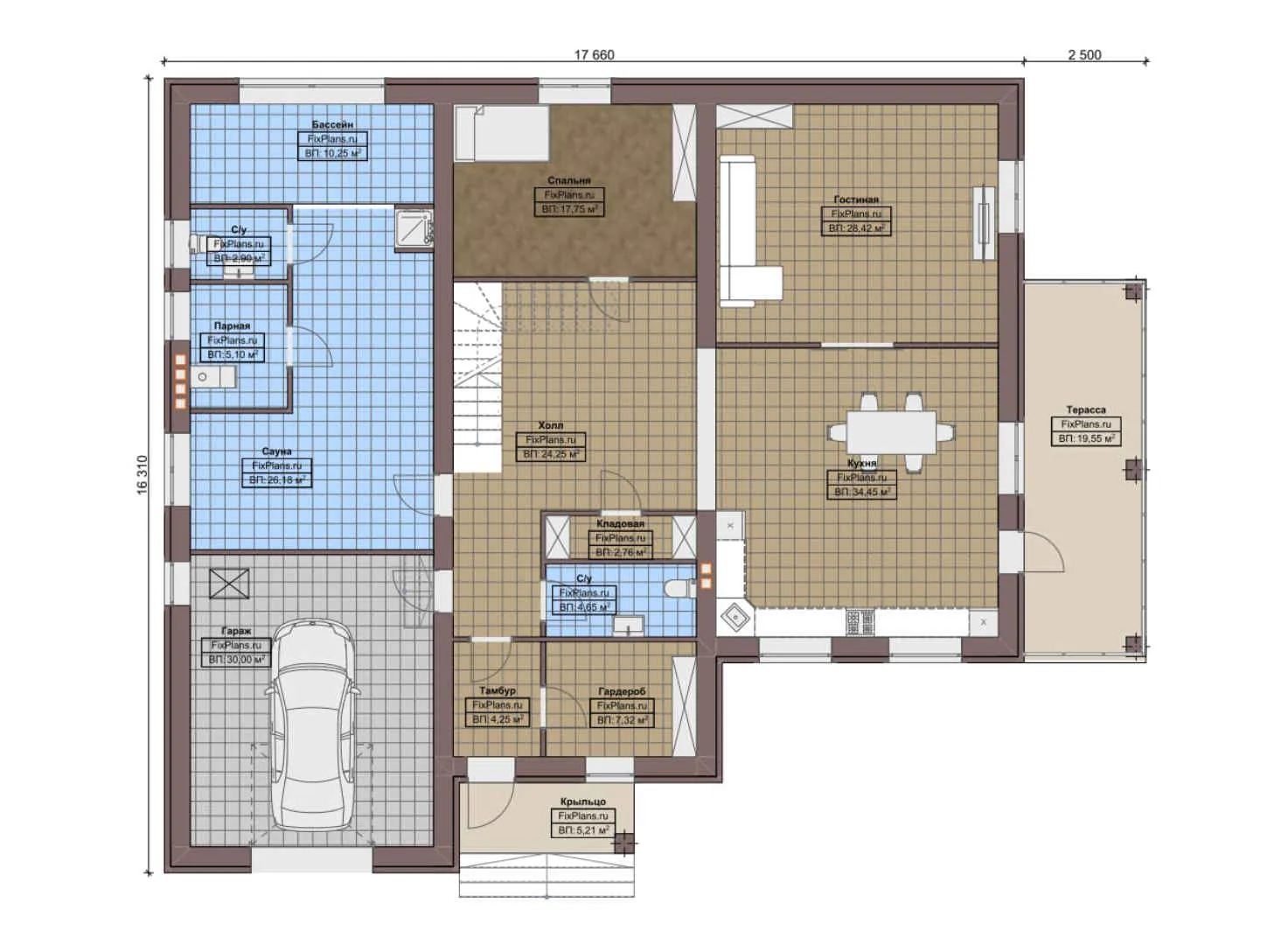 F-6461 - Планы двухэтажного дома 17 на 18, площадью 370 м² с террасой, балконом, баней, гаражом на 1 машину, бассейном и 4 спальнями