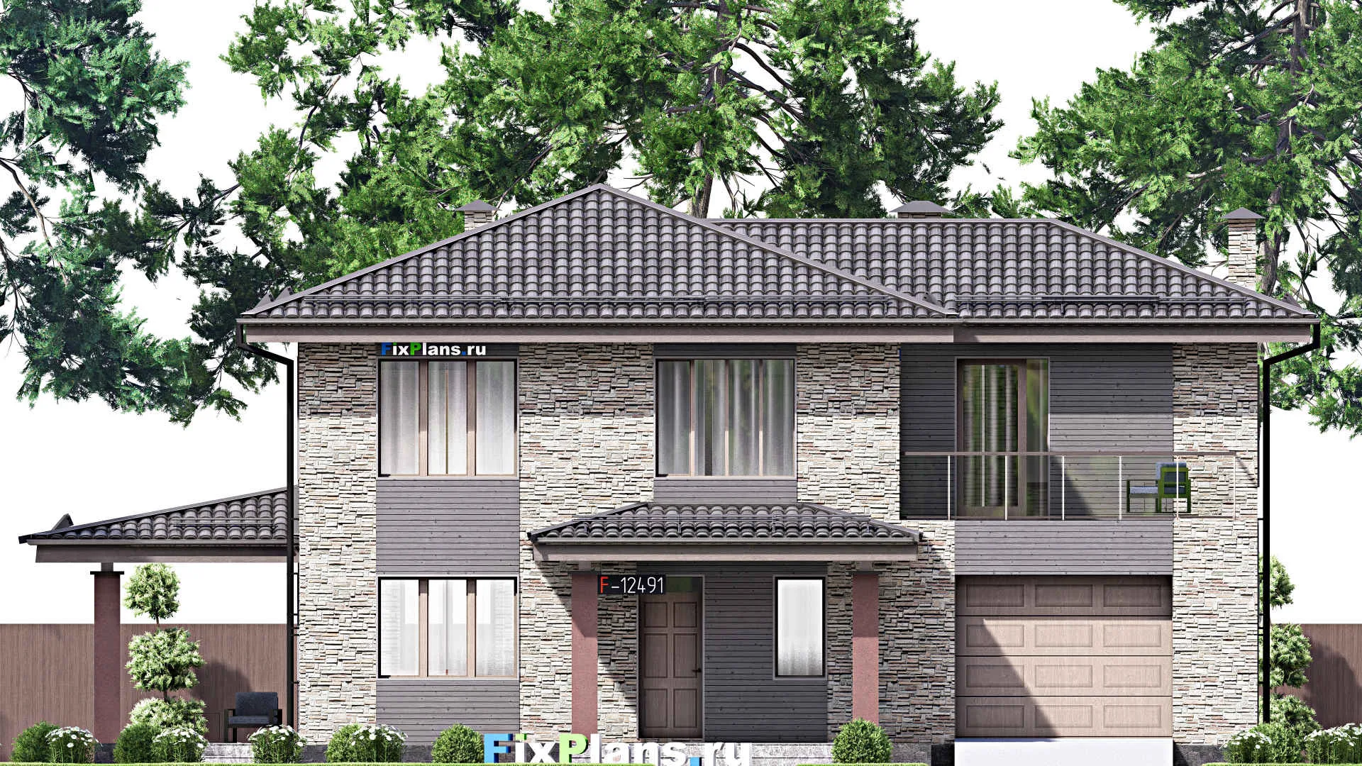 F-12491 - Планы двухэтажного дома 12 на 18, площадью 260 м² с террасой, балконом, гаражом на 1 машину и 3 спальнями