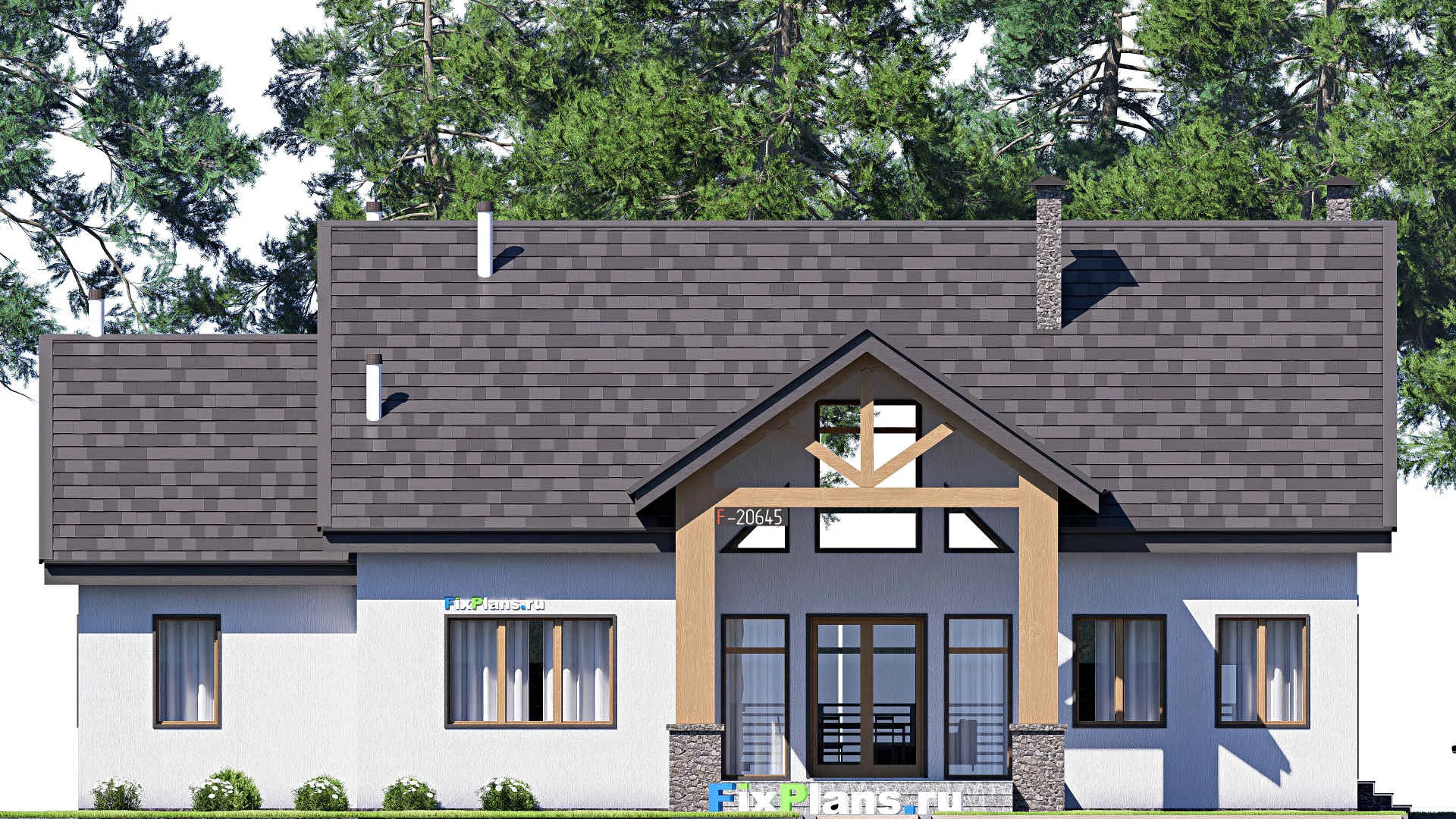 F-20645 - Проект двухэтажного дома 18 на 20, площадью 440 м² с террасой, цокольным этажом, гаражом на 1 машину и 3 спальнями